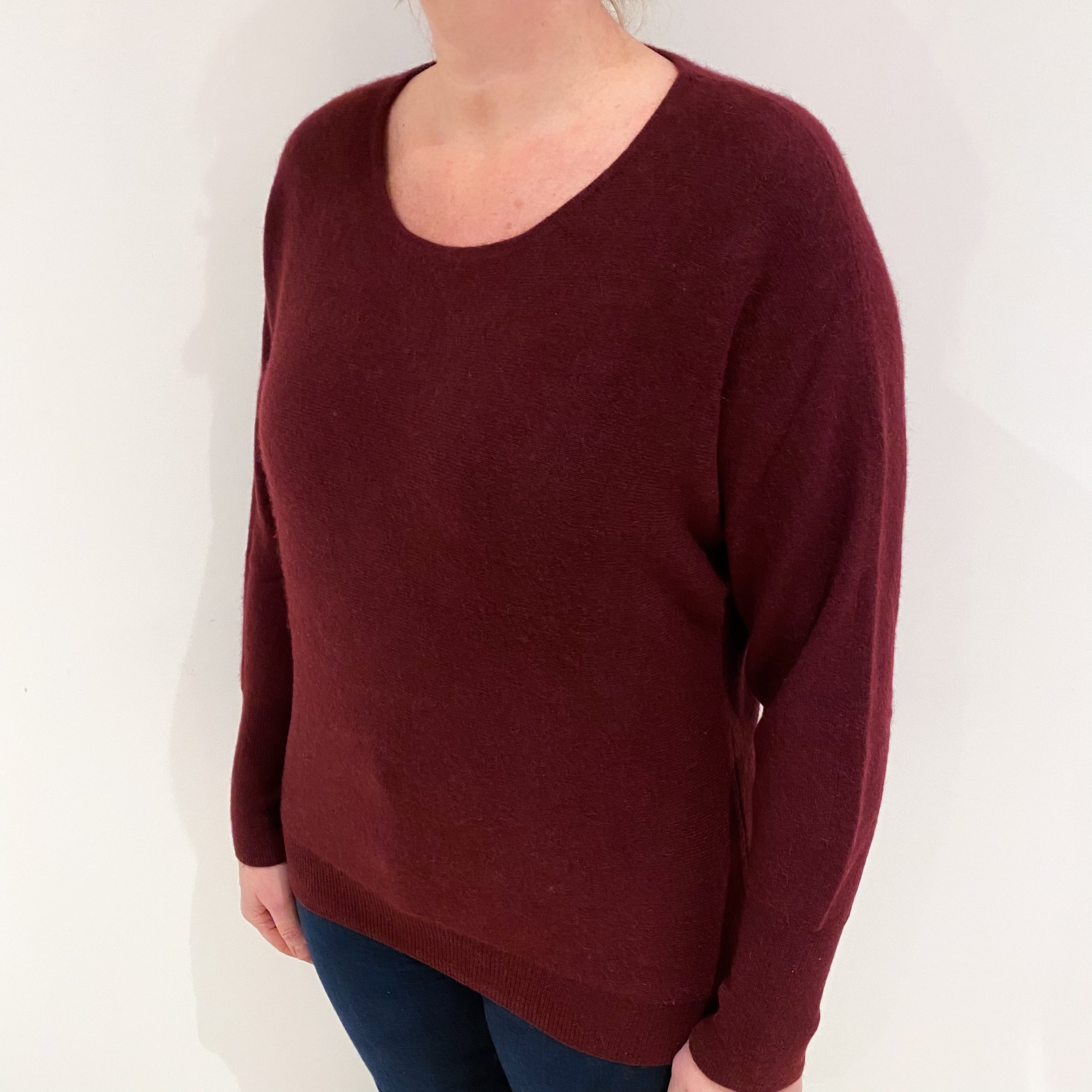 Wine Red Cashmere Deep Crew Neck Jumper Large