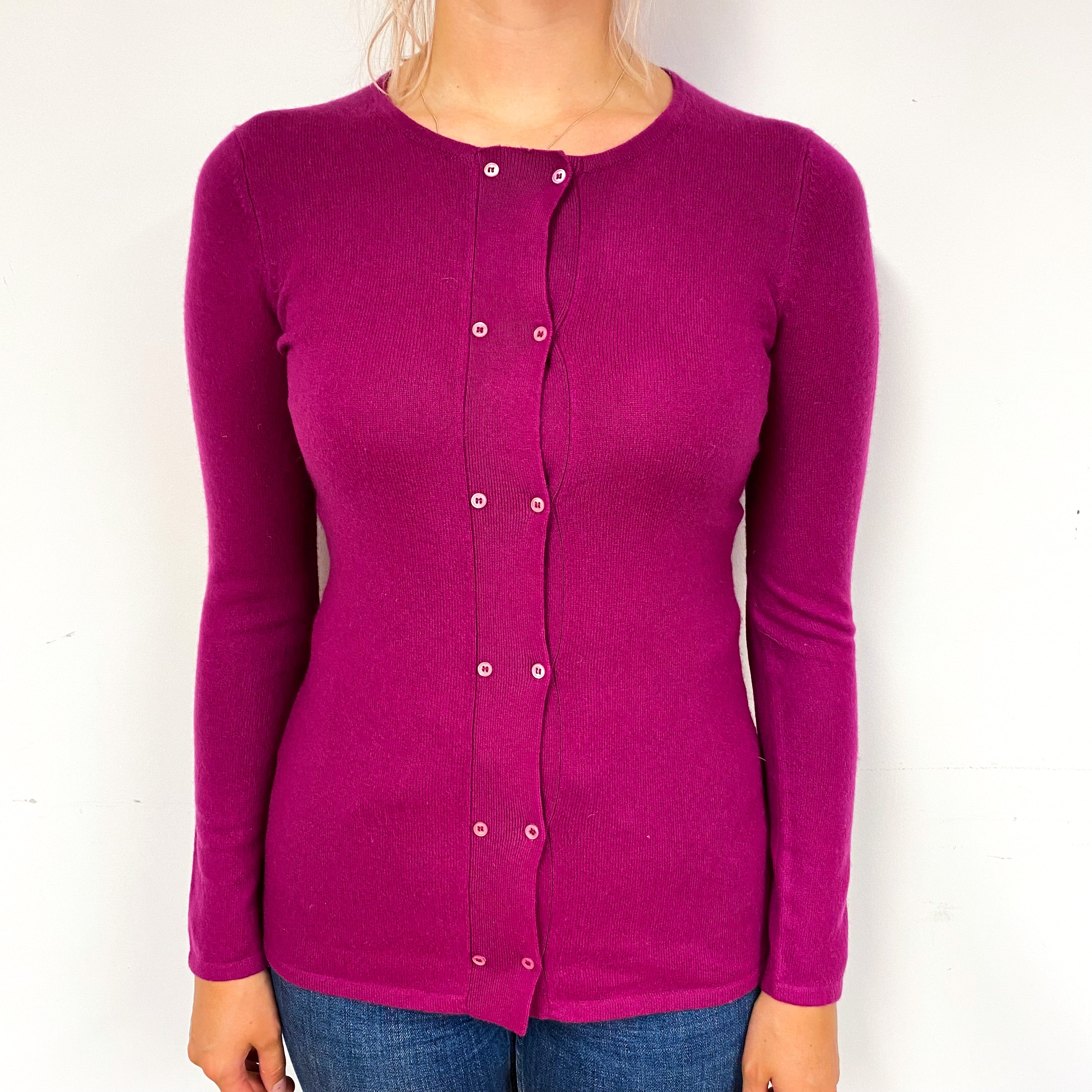 Deep Magenta Purple Cashmere Crew Neck Cardigan Small