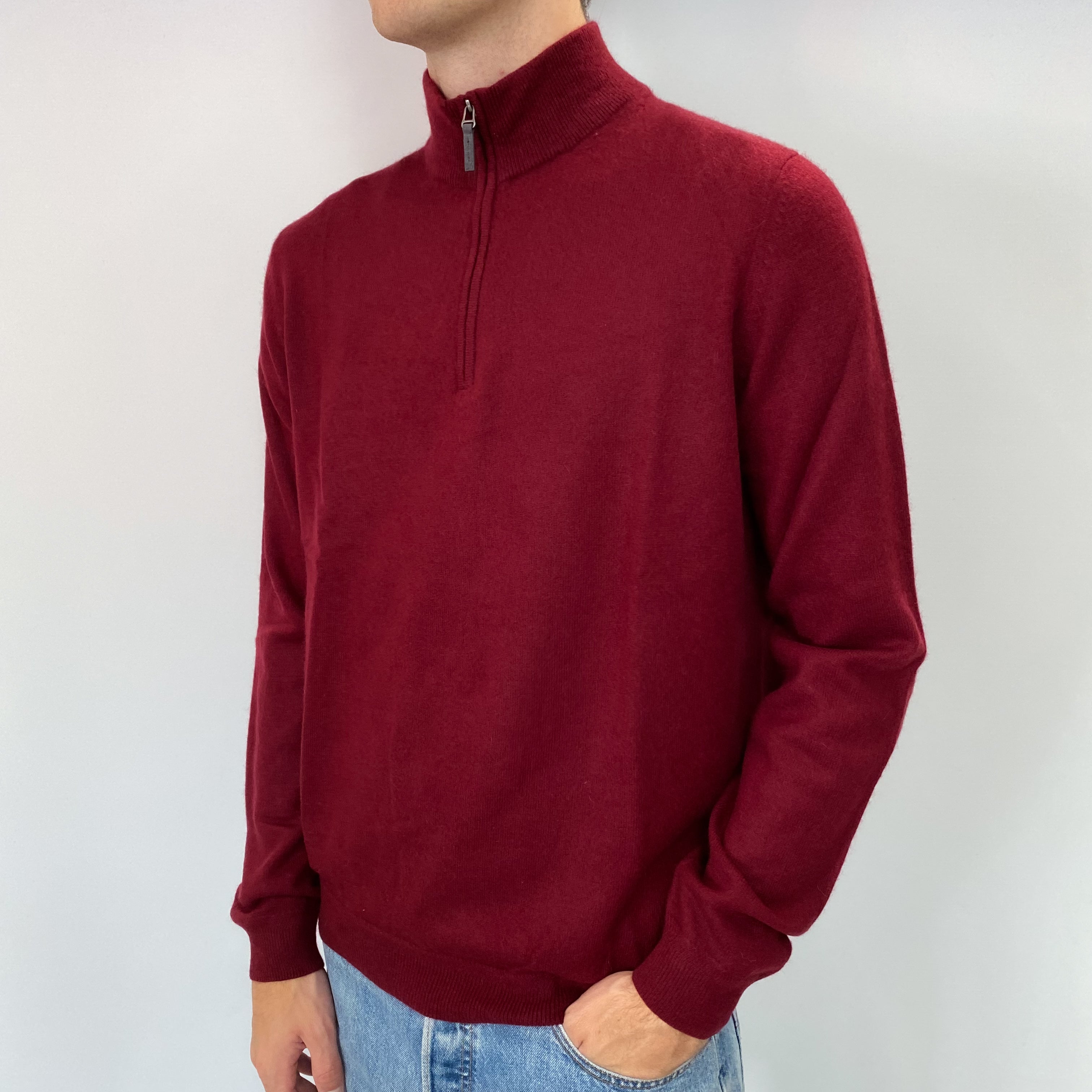 Men's Burgundy Cashmere Quarter Zip Jumper Large