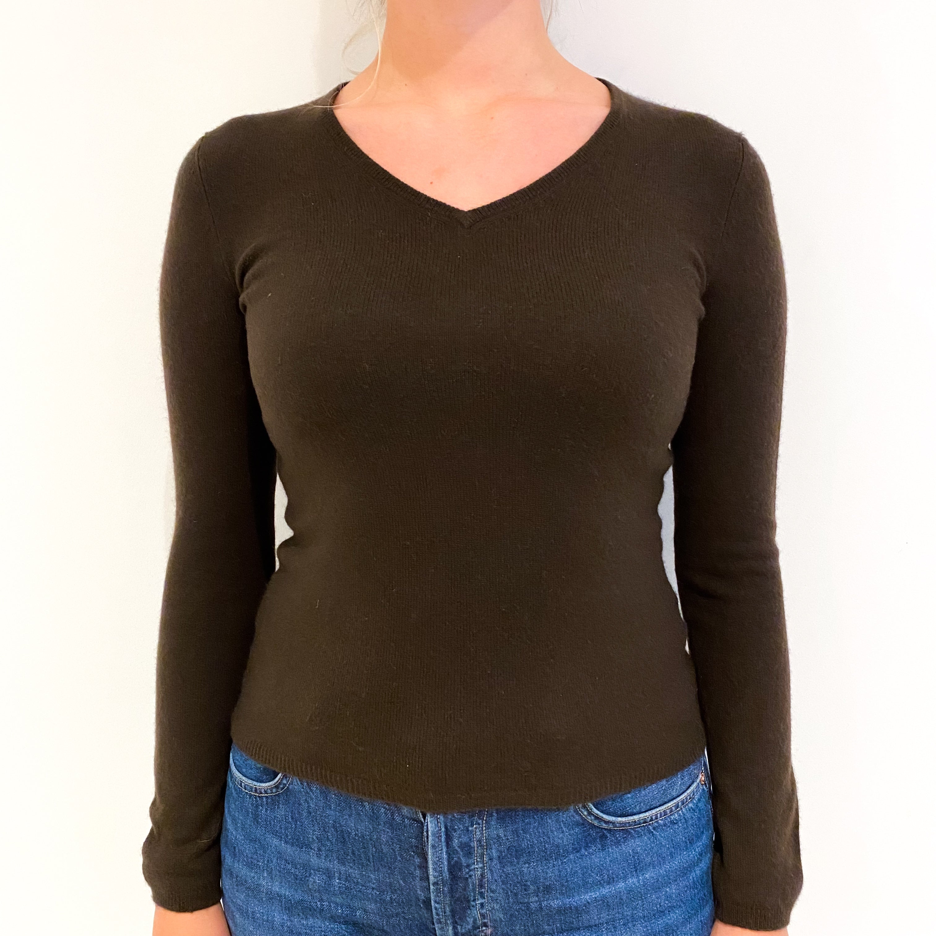 Dark Chocolate Brown Cashmere V-Neck Jumper Small
