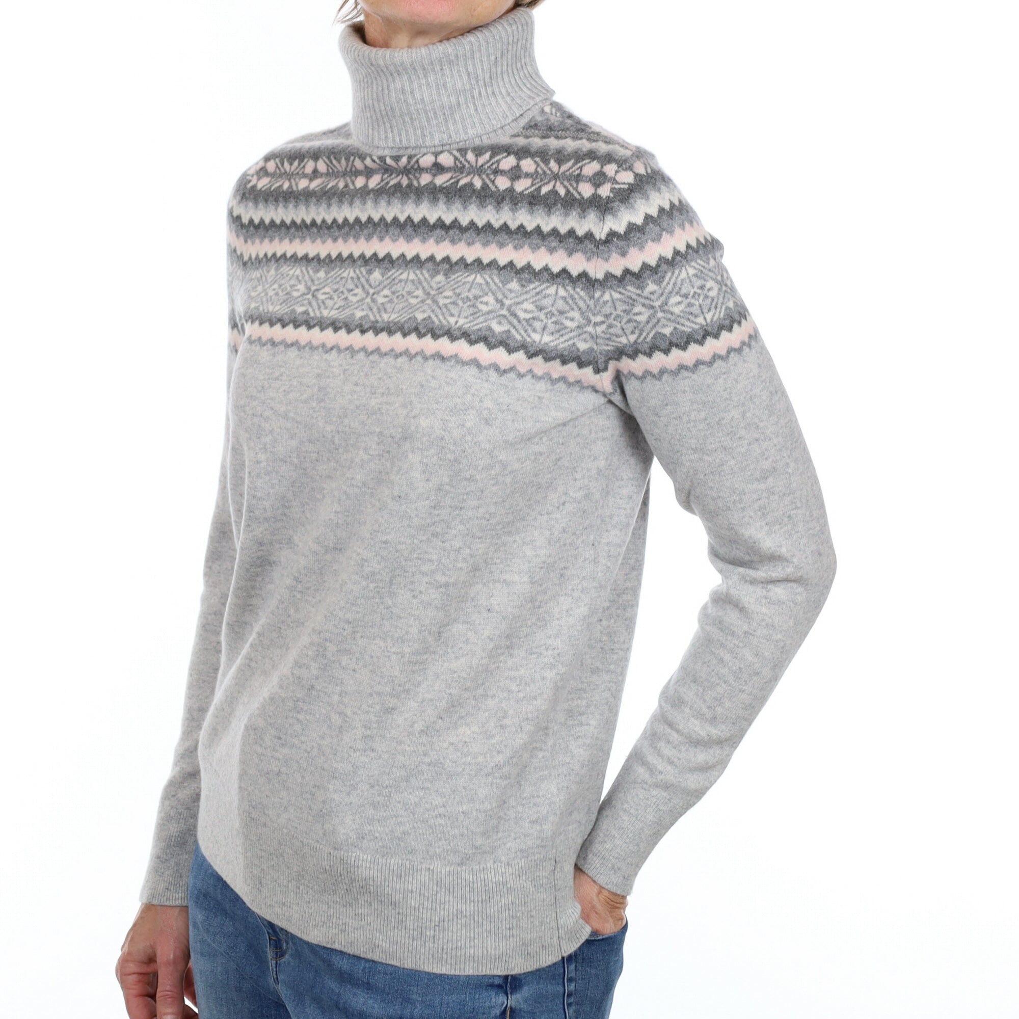 Smoke Grey Fair Isle Cashmere Polo Neck Jumper Small