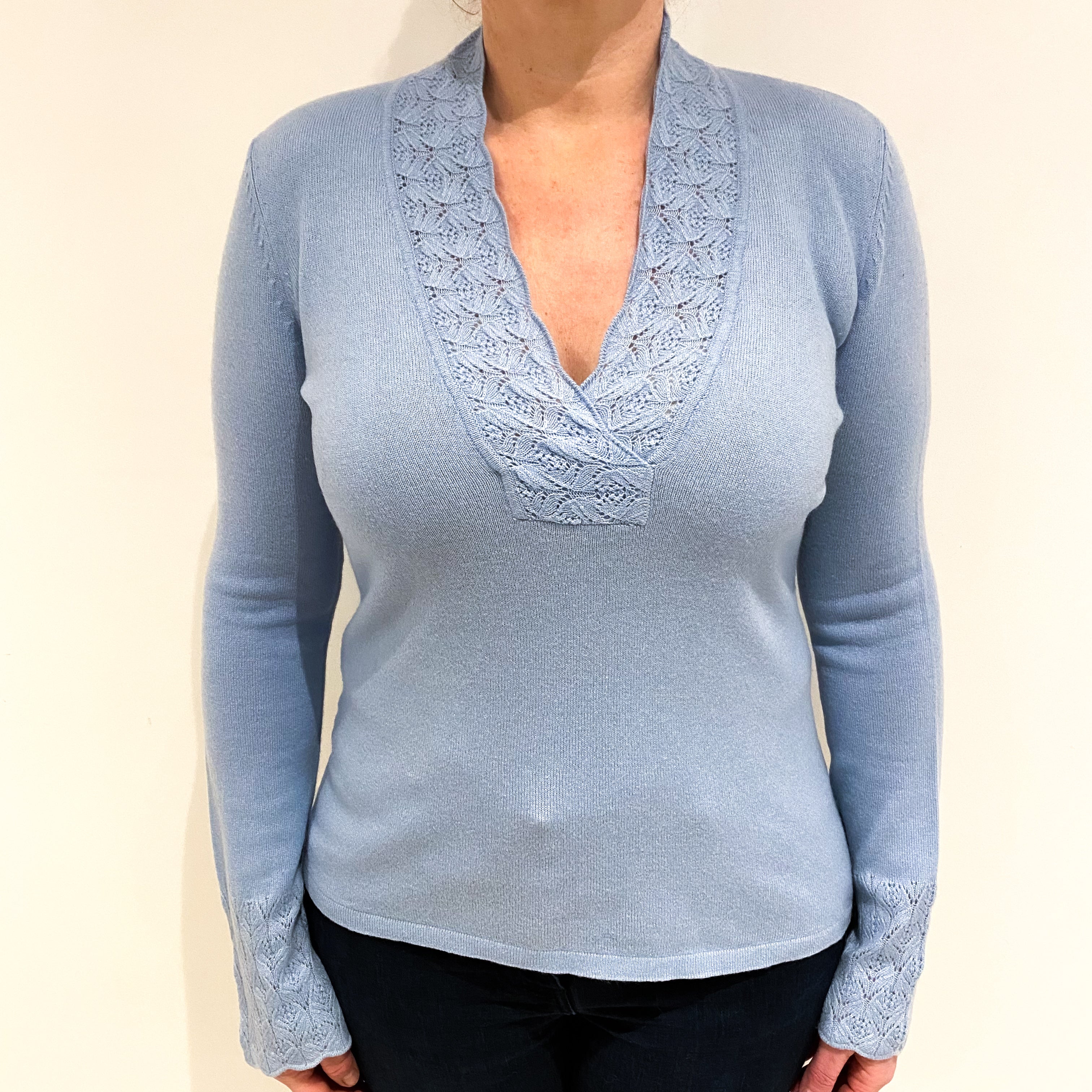 Pale Blue Cashmere V Neck Jumper Large