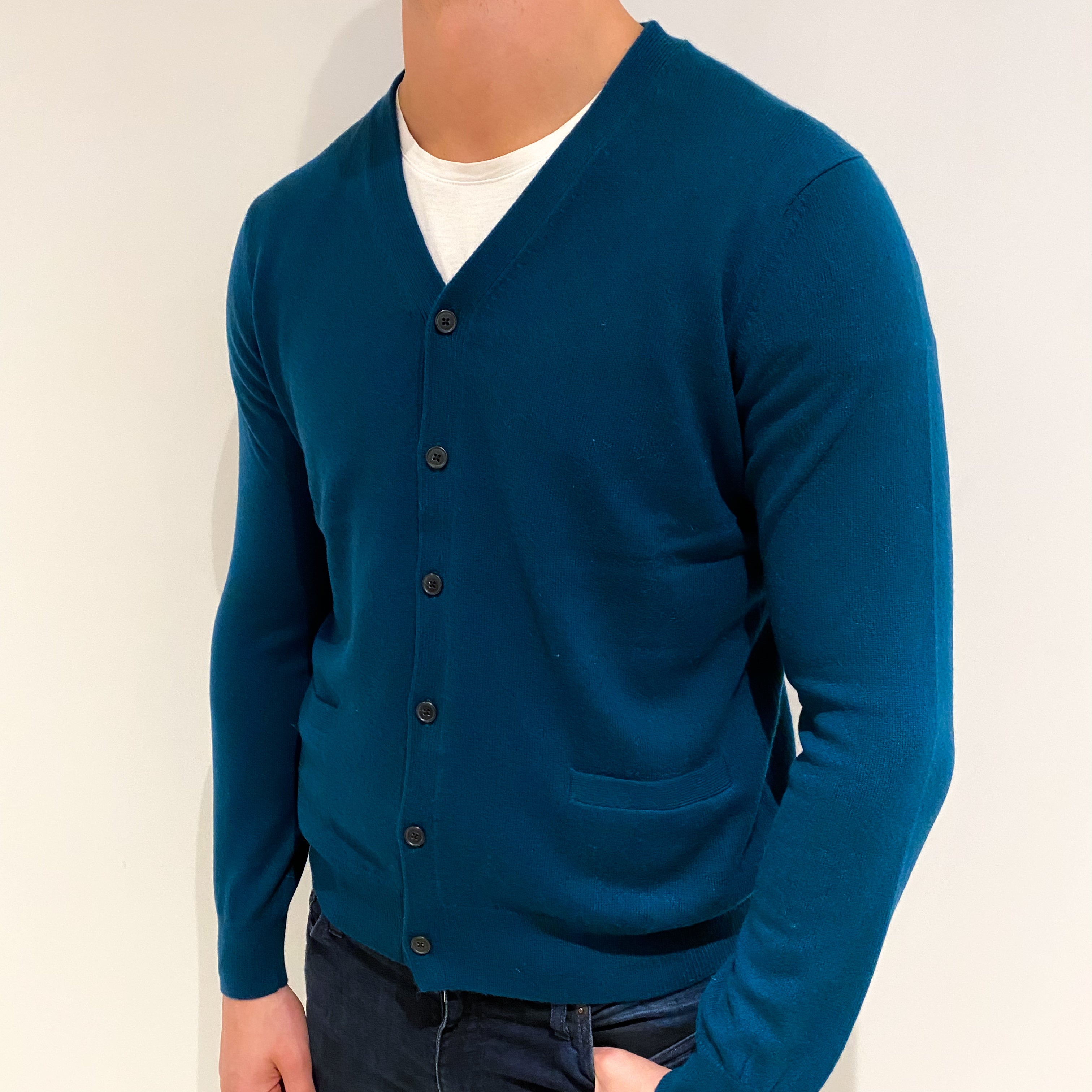 Men's Teal Green Cashmere V Neck Cardigan XL