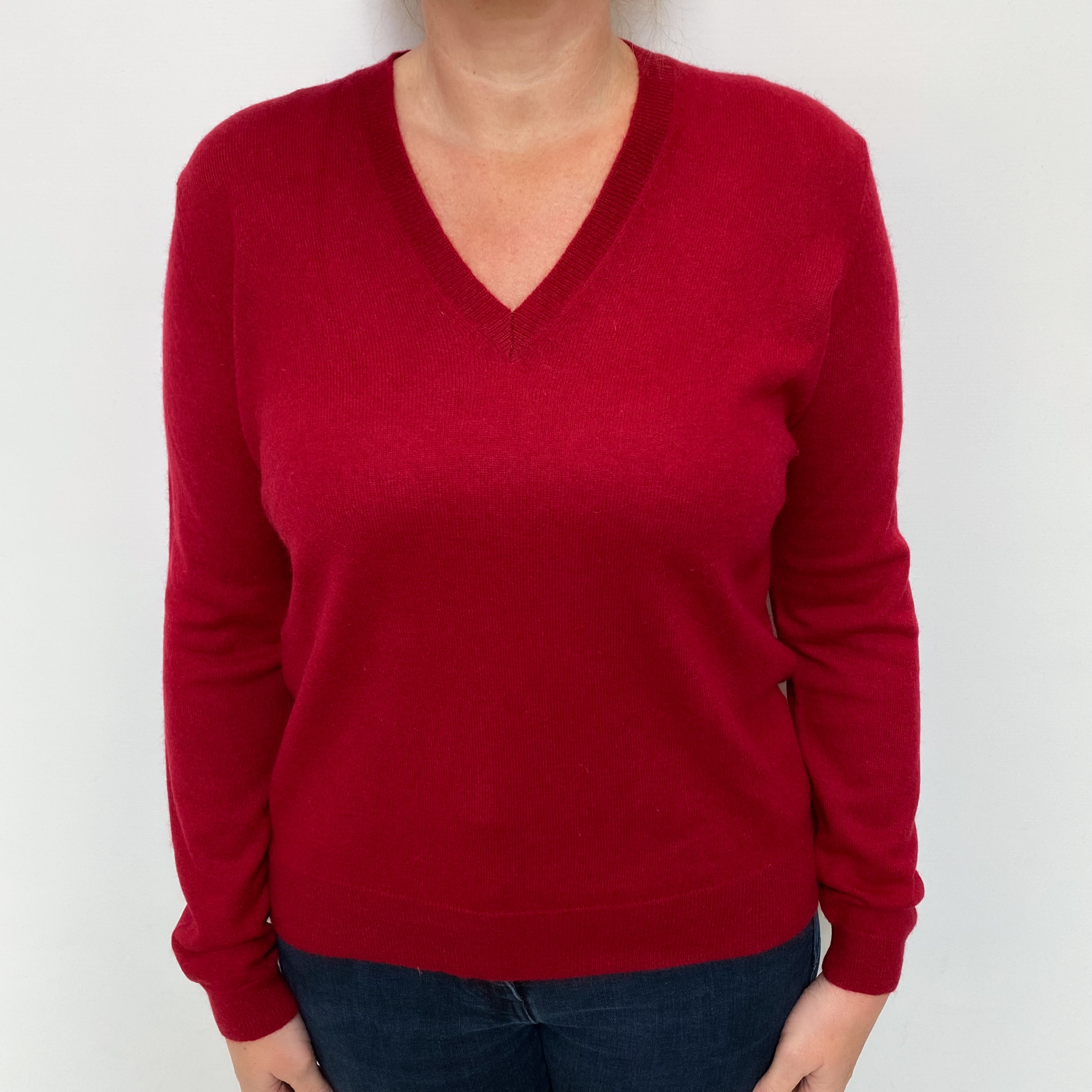 Crimson Red Cashmere V Neck Jumper Large