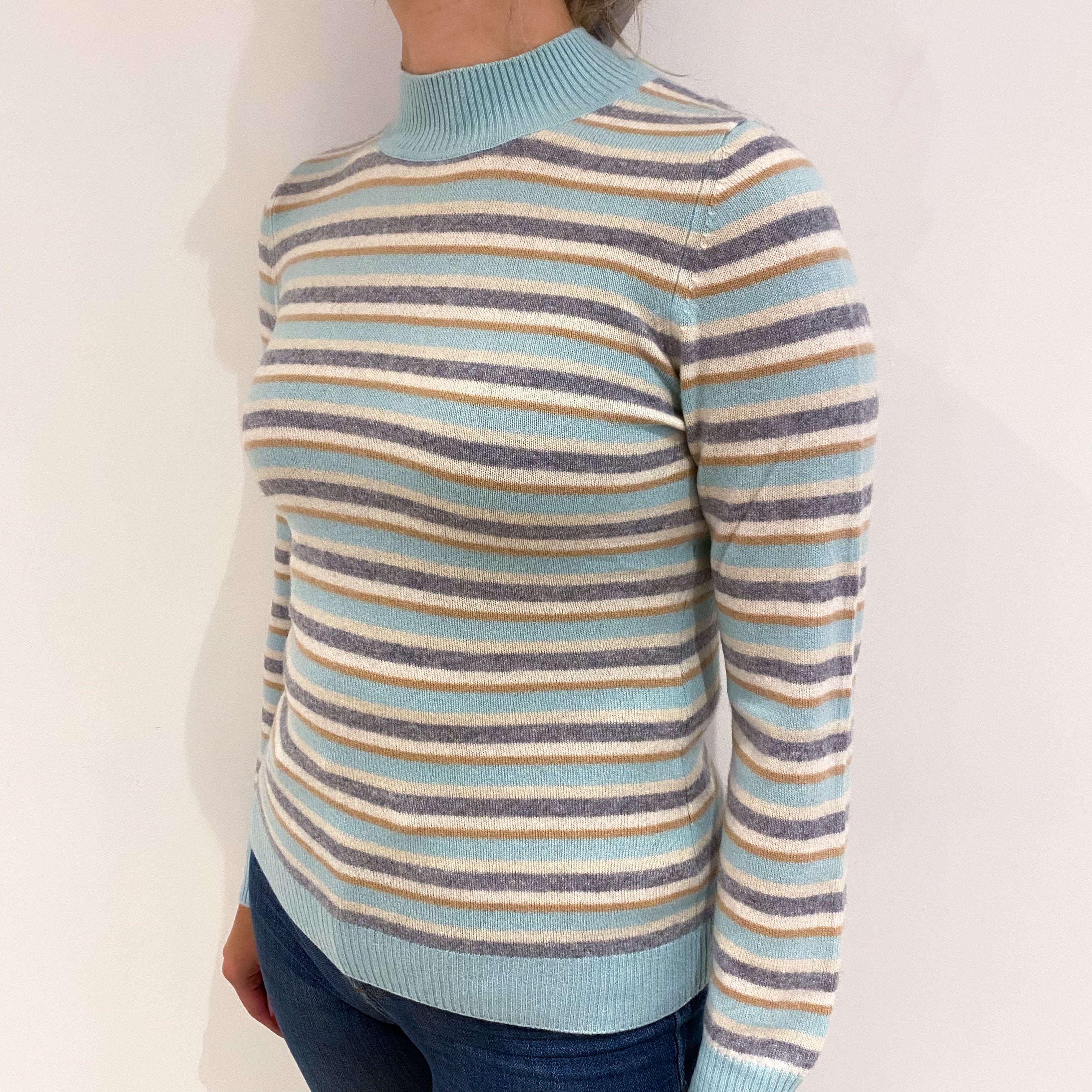 Mint Green Stripe Cashmere Turtle Neck Jumper Small
