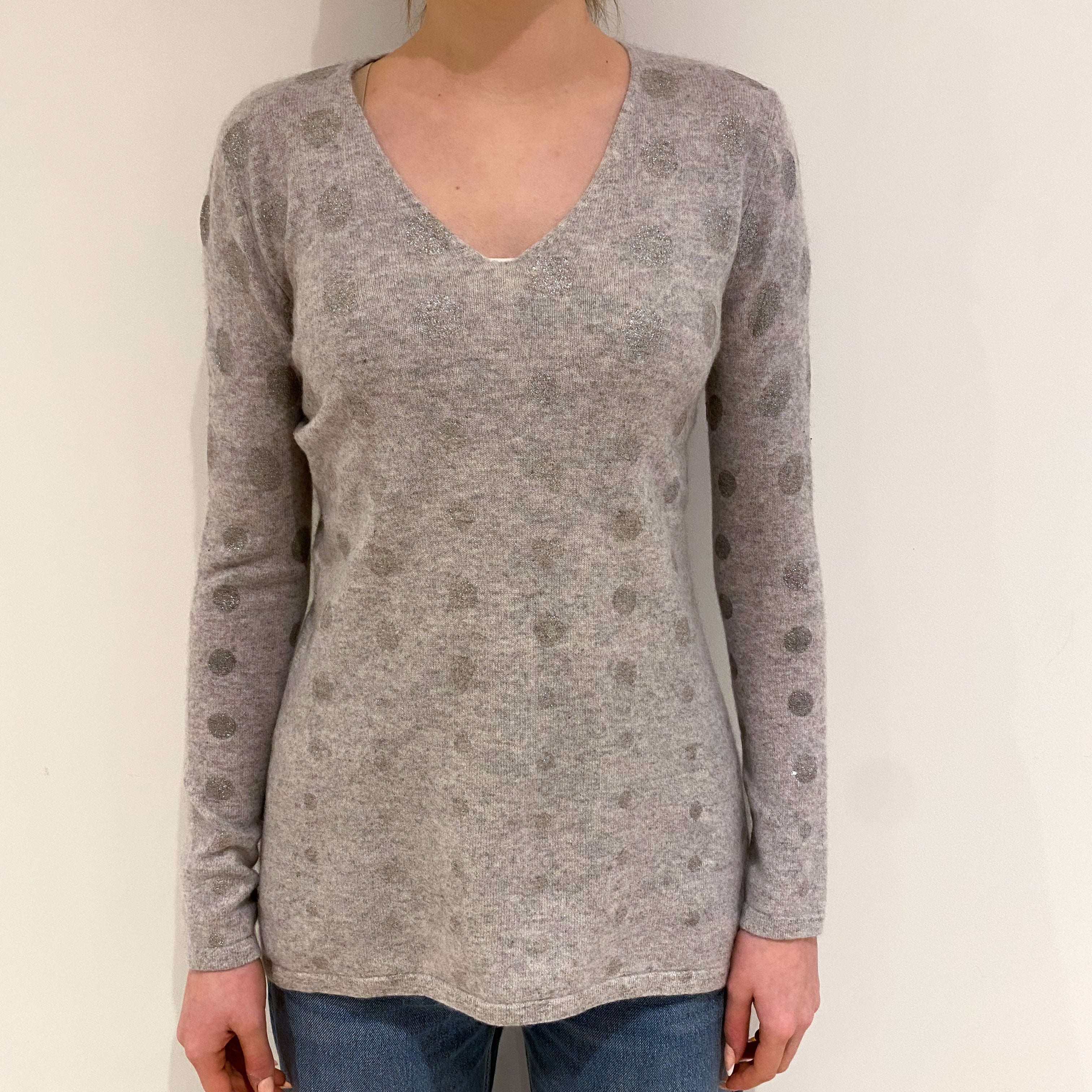 Mist Grey Sparkly Cashmere V Neck Jumper Extra Small