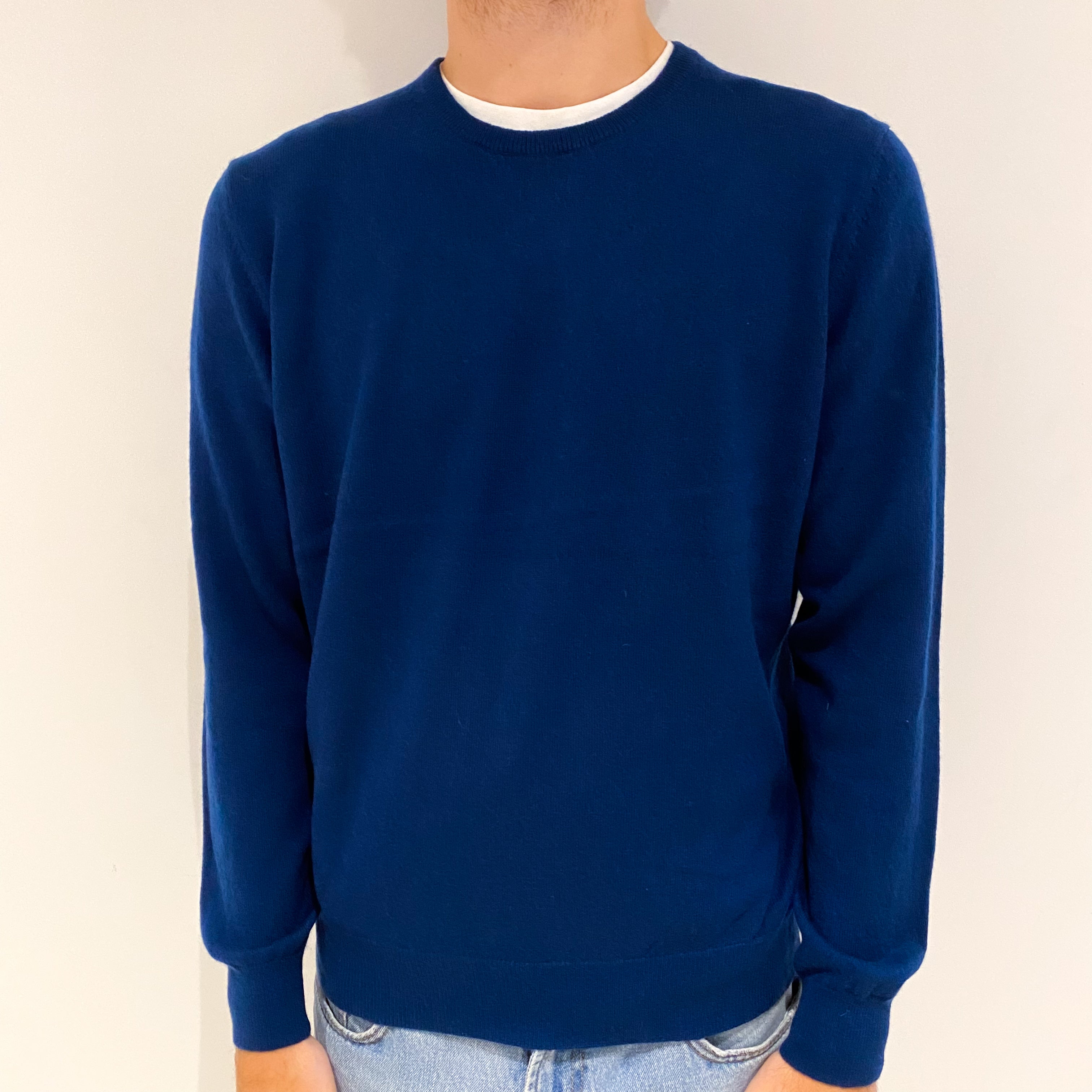 Men's Petrol Blue Cashmere Crew Neck Jumper Large