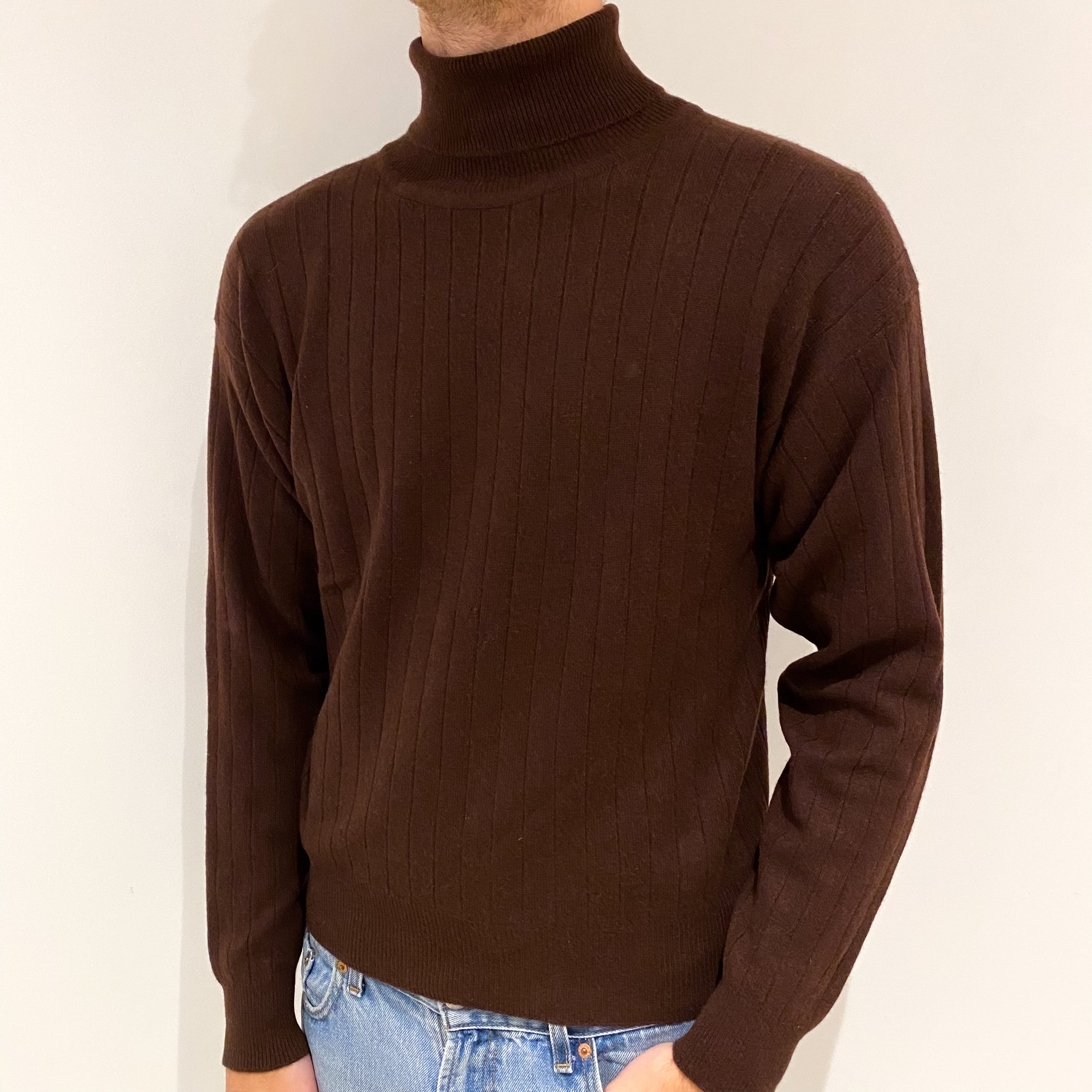 Men's Chocolate Brown Cashmere Polo Neck Jumper Large