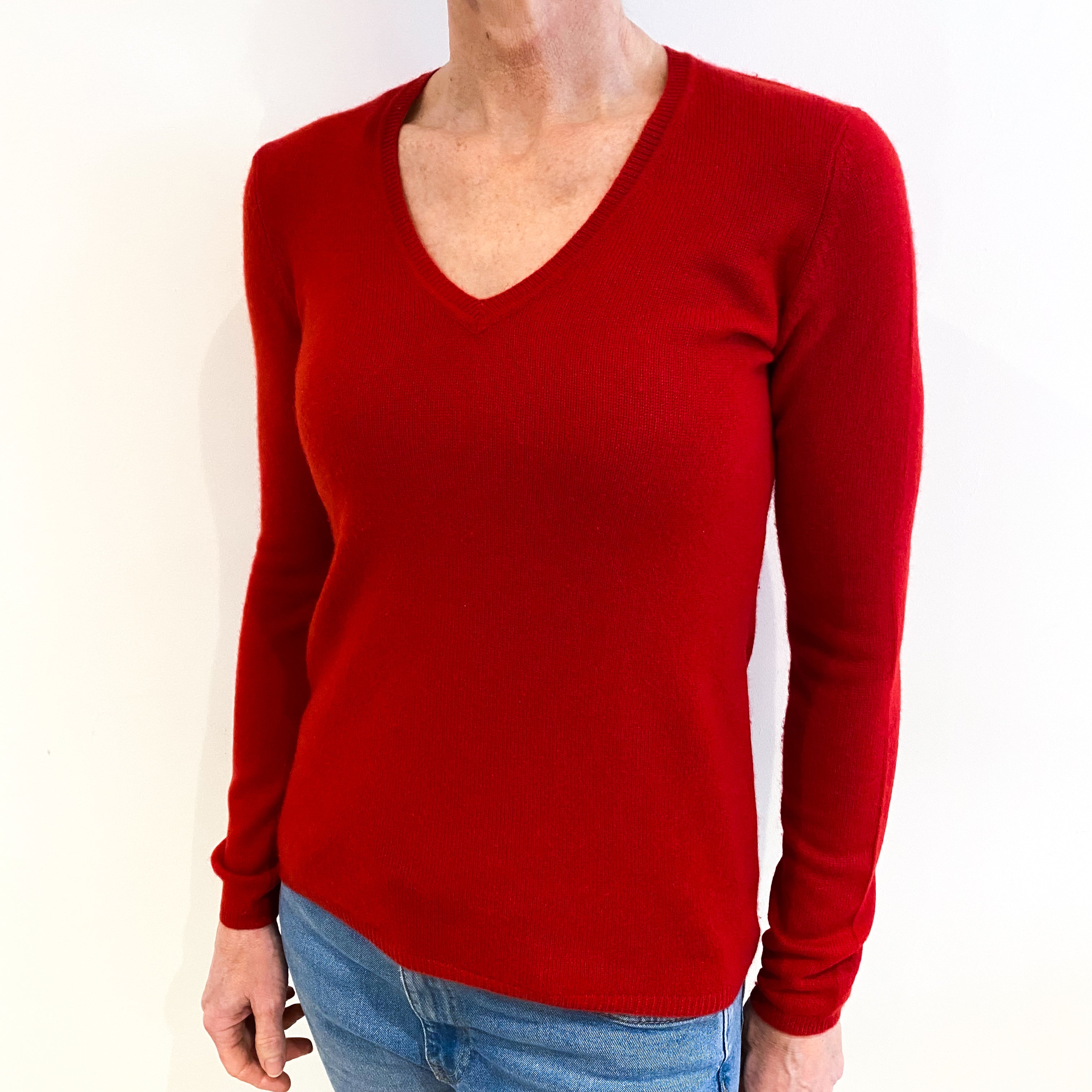 Scarlet Red Cashmere V Neck Jumper Small
