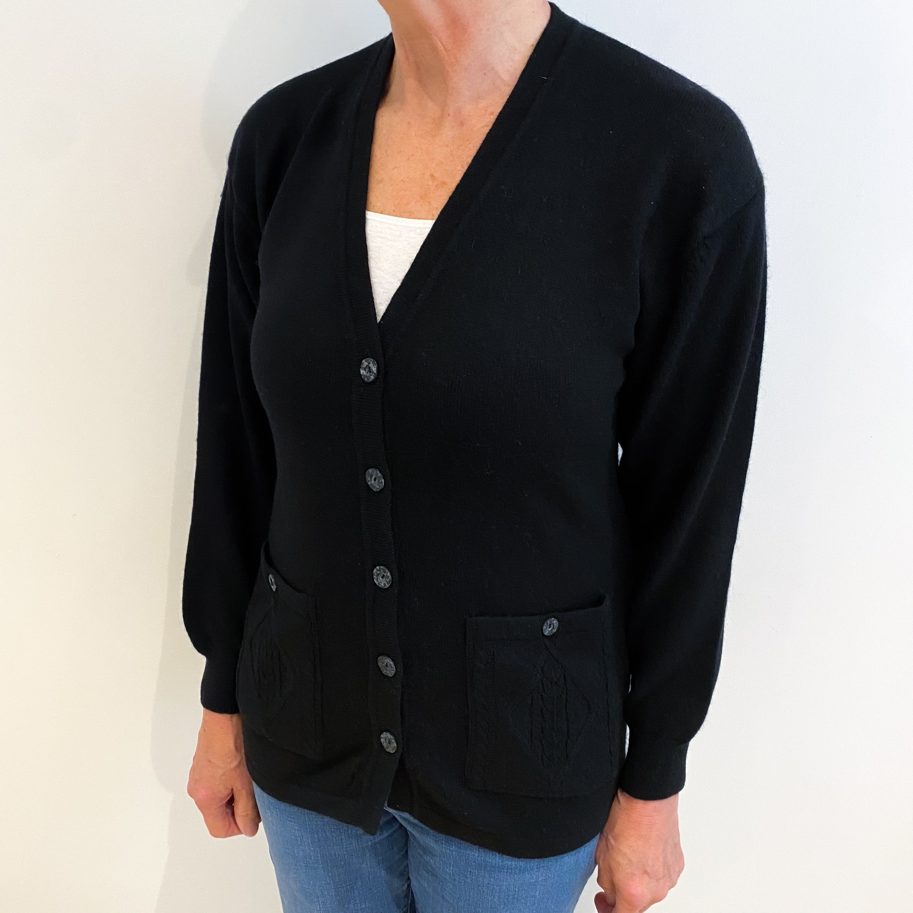 Black Cashmere V Neck Cardigan With Pockets Medium