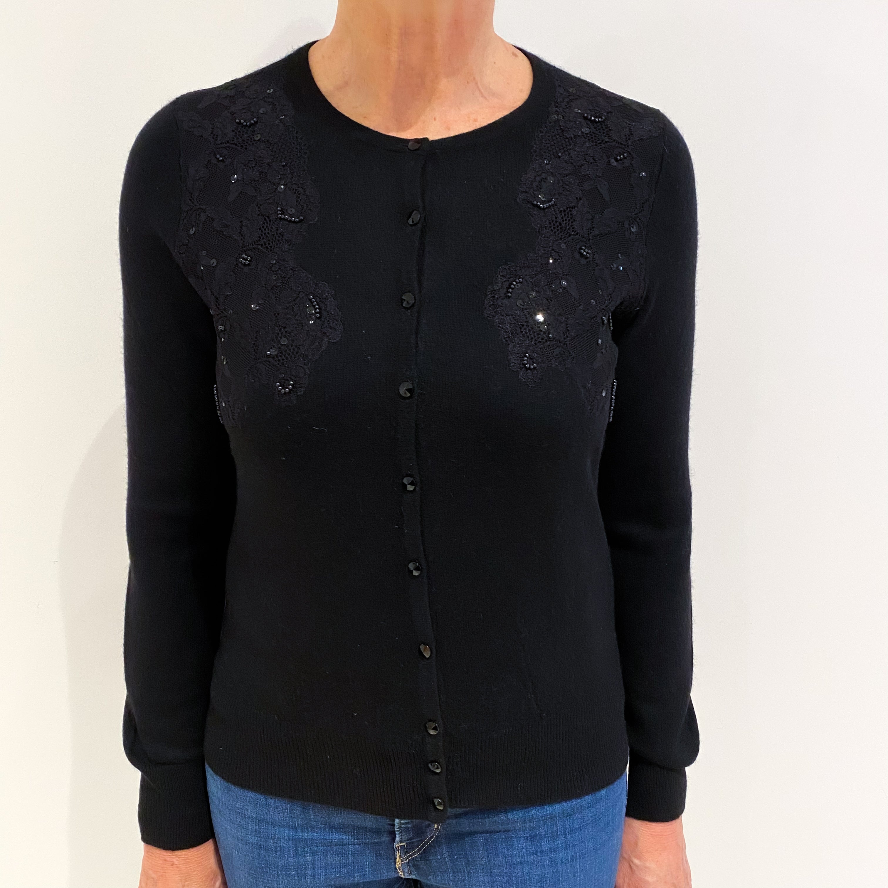 Black Cashmere Crew Neck Cardigan Medium