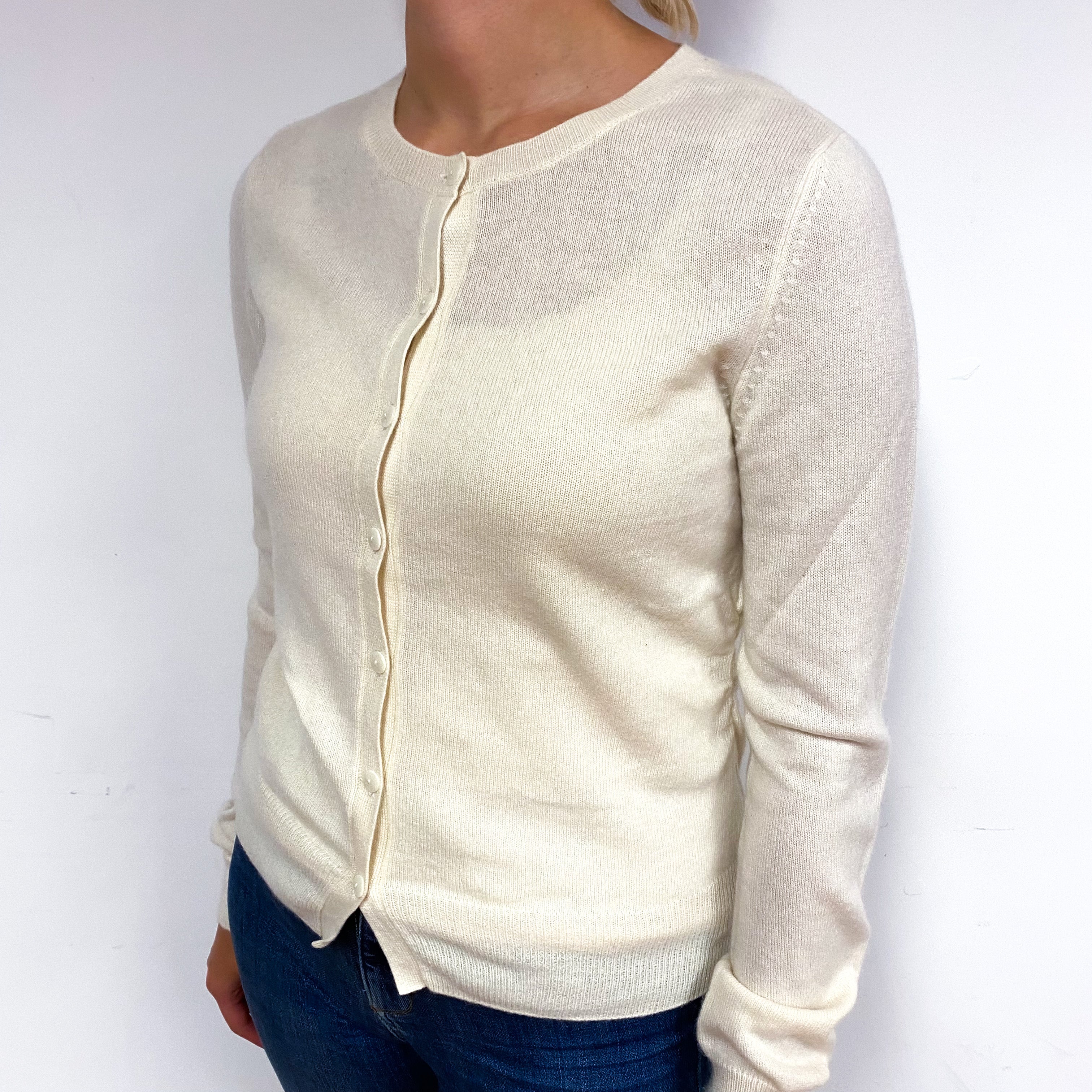 Cream Ruched Cashmere Crew Neck Cardigan Small