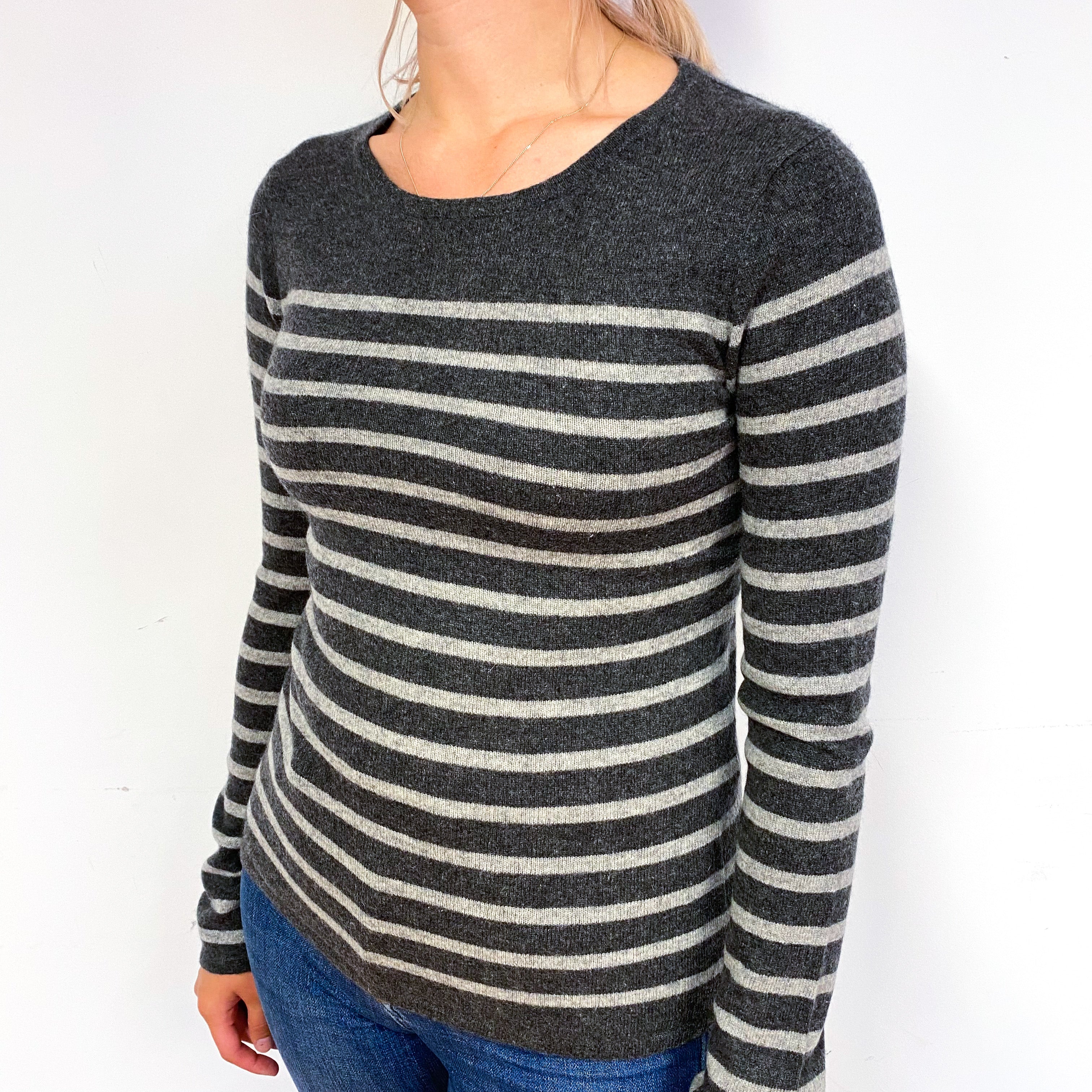 Slate Grey Stripe Cashmere Crew Neck Jumper Small