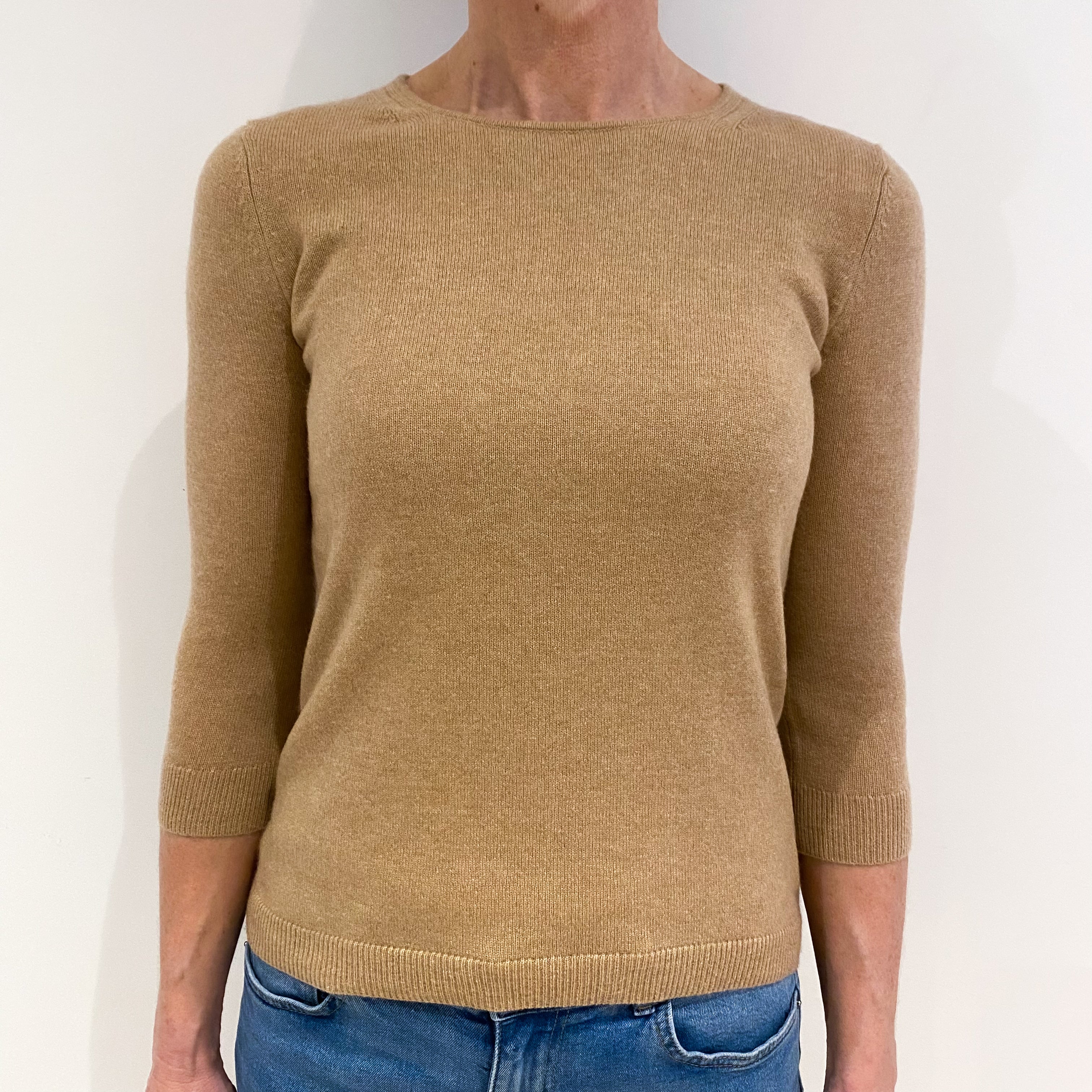 Camel Brown Cashmere Crew Neck Jumper with Back Neck Opening m Small