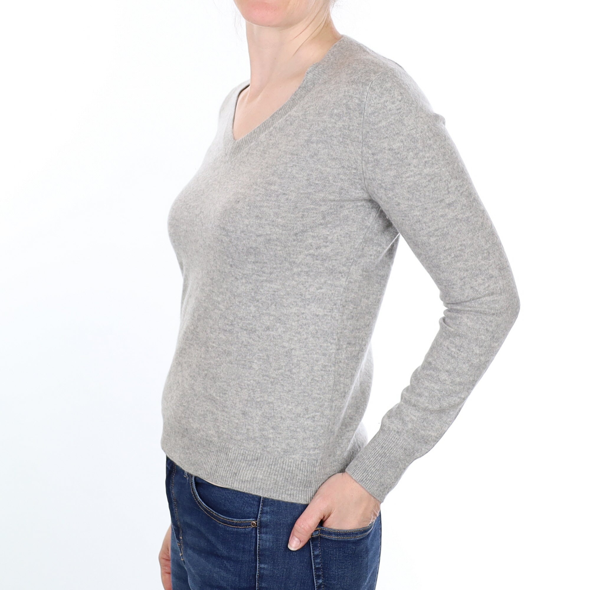 Smoke Grey Cashmere V Neck Jumper Small