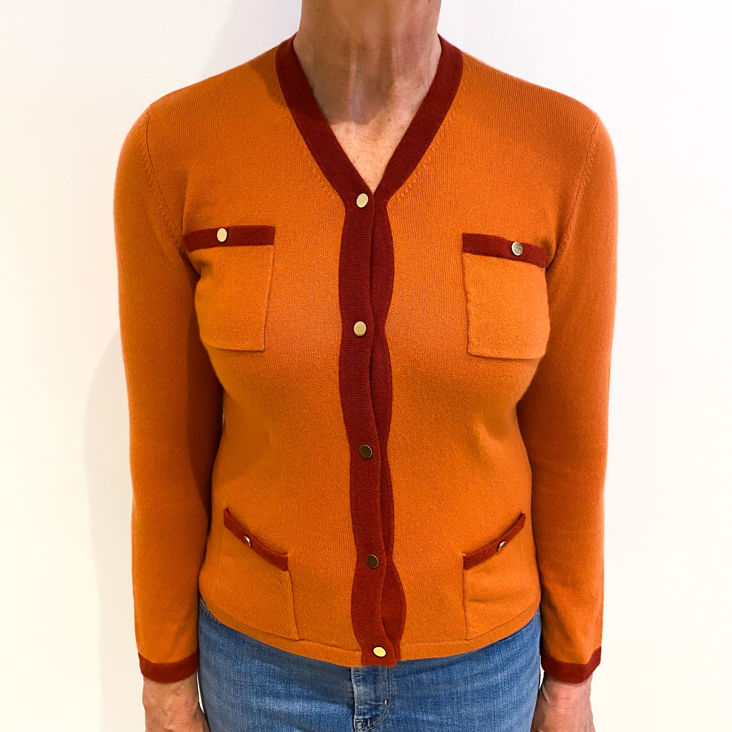 Pumpkin Orange Cashmere V Neck Cardigan Medium