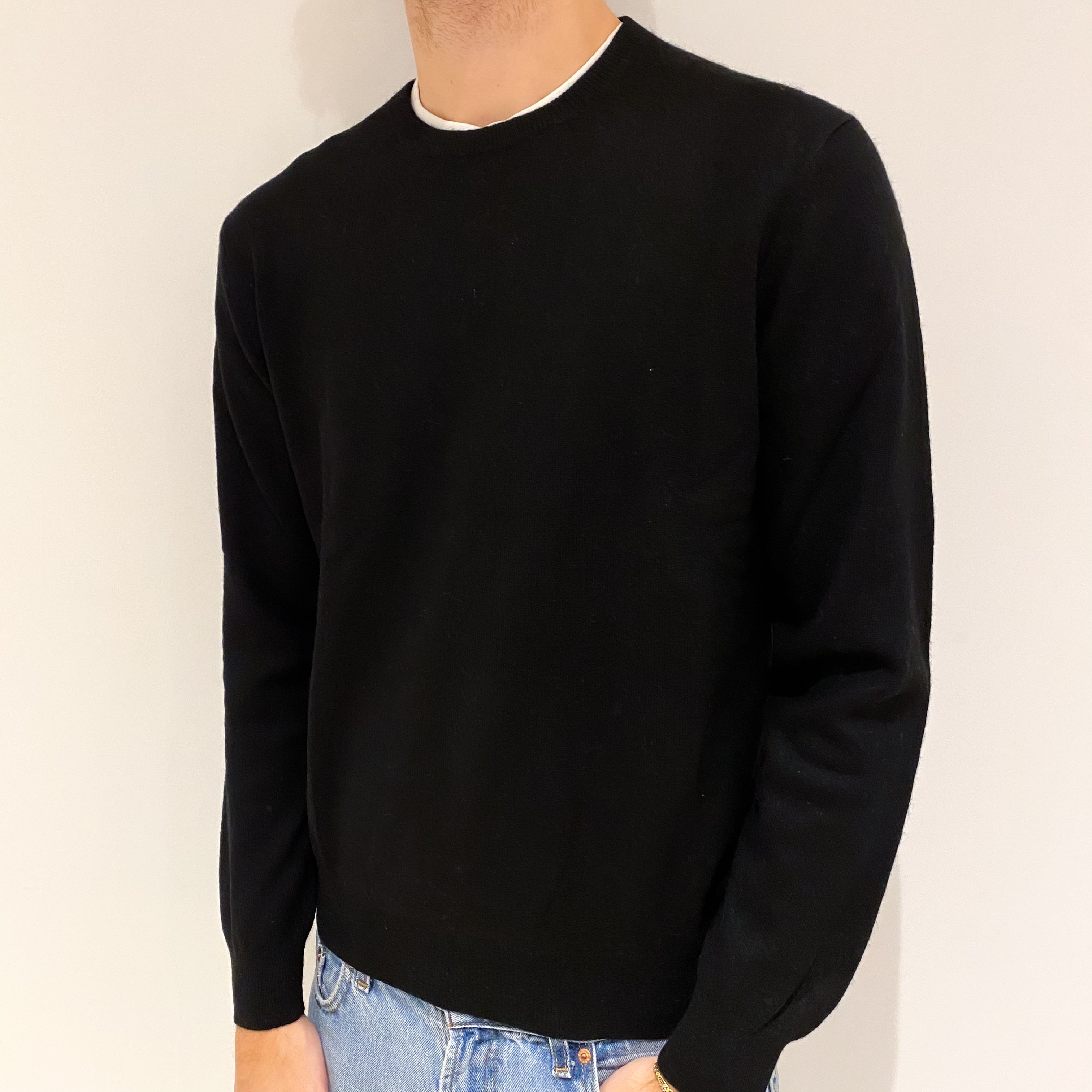 Men's Black Cashmere Crew Neck Jumper Large