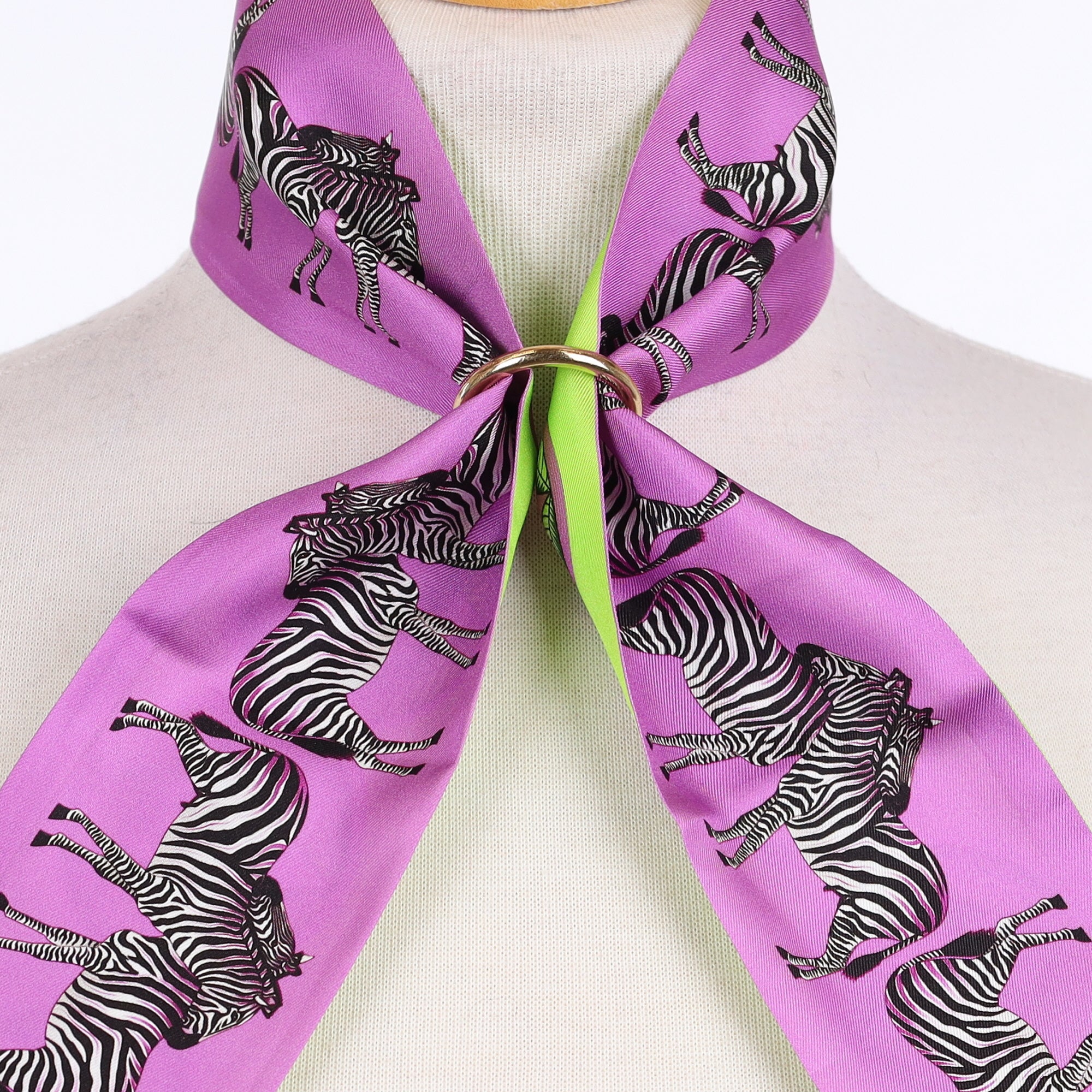 Brand New Bellezza Purple & Lime Zebra Tropical Double Faced Silk Twilly & Scarf Ring