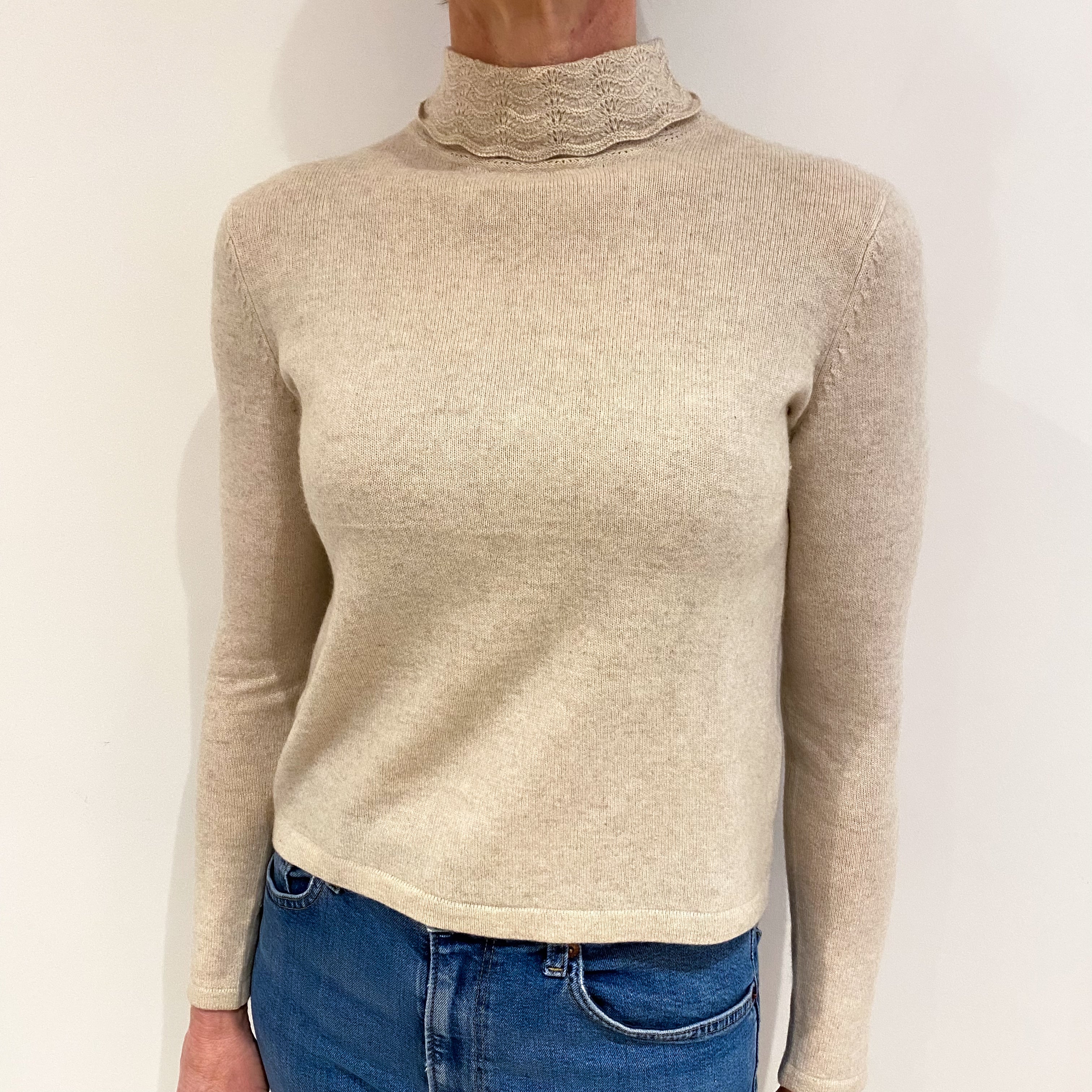 Oatmeal Beige Cashmere Turtle Neck Jumper Small