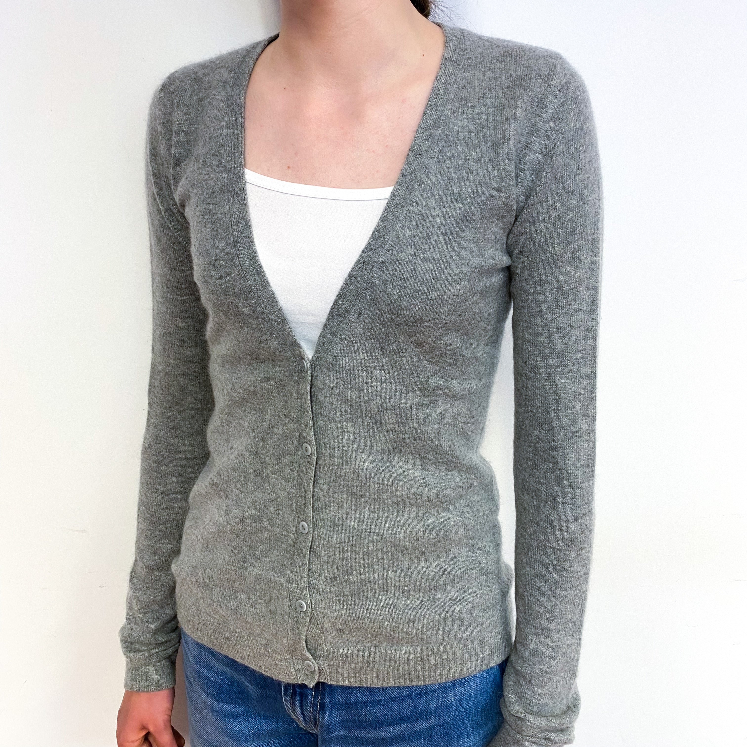 Ash Grey Cashmere Low V-Neck Cardigan Extra Small