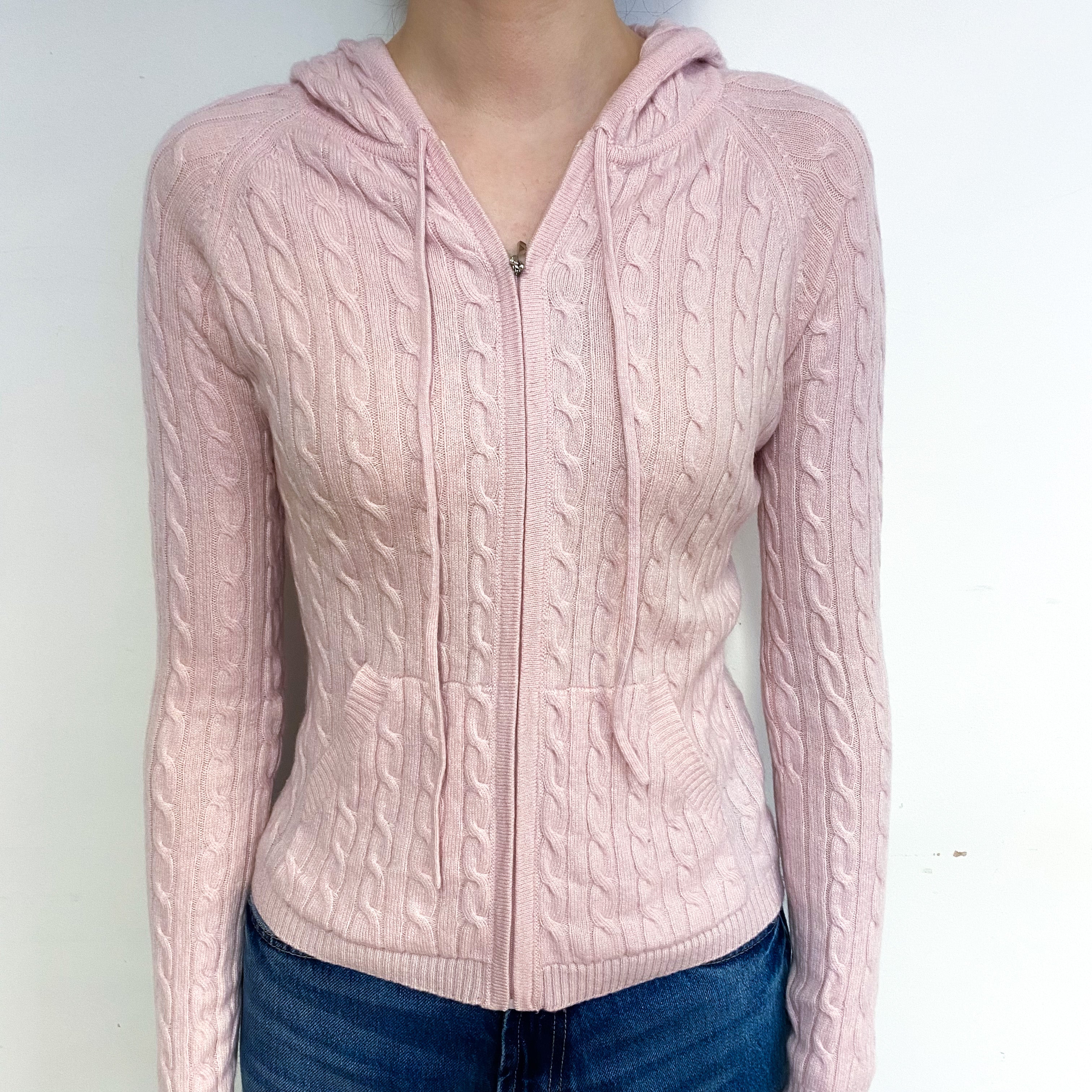 Pale Pink Cable Cashmere Zip Up Hoodie Extra Small