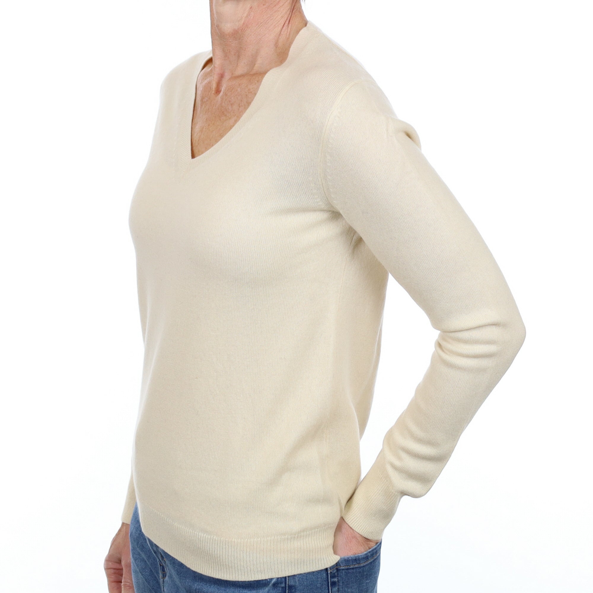 Vanilla Cream Cashmere V Neck Jumper Small