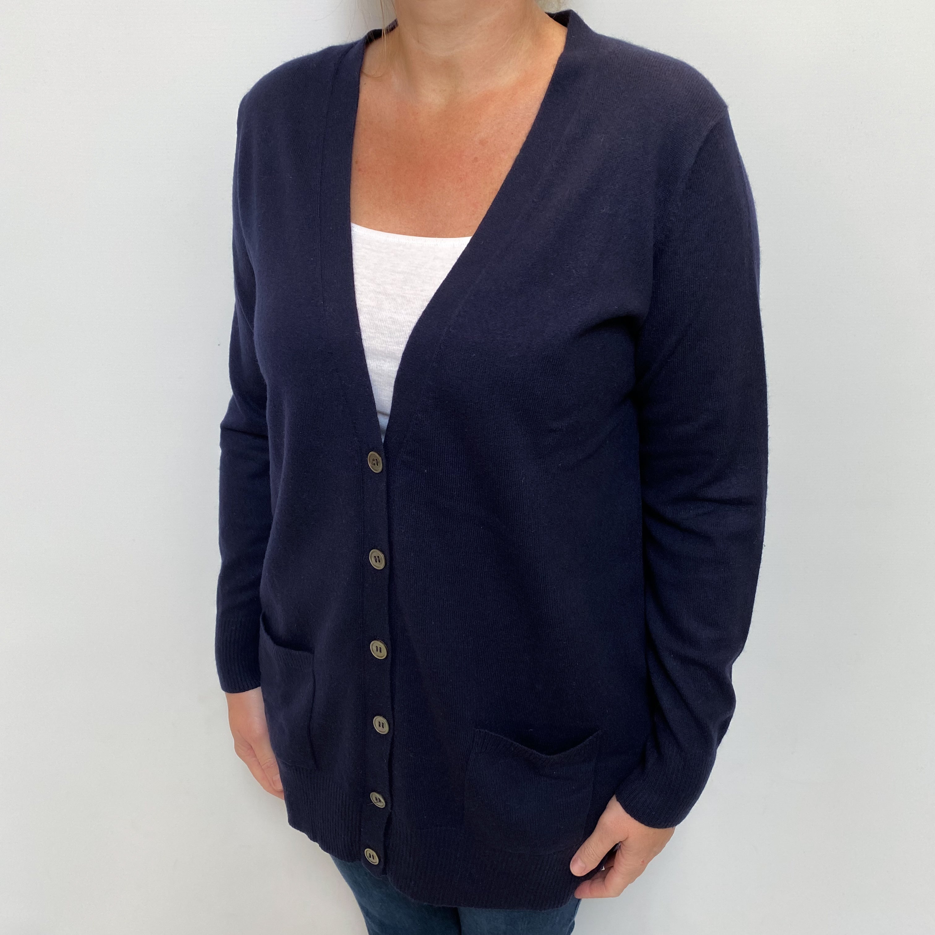 Navy Cashmere V Neck Cardigan with Pockets Large