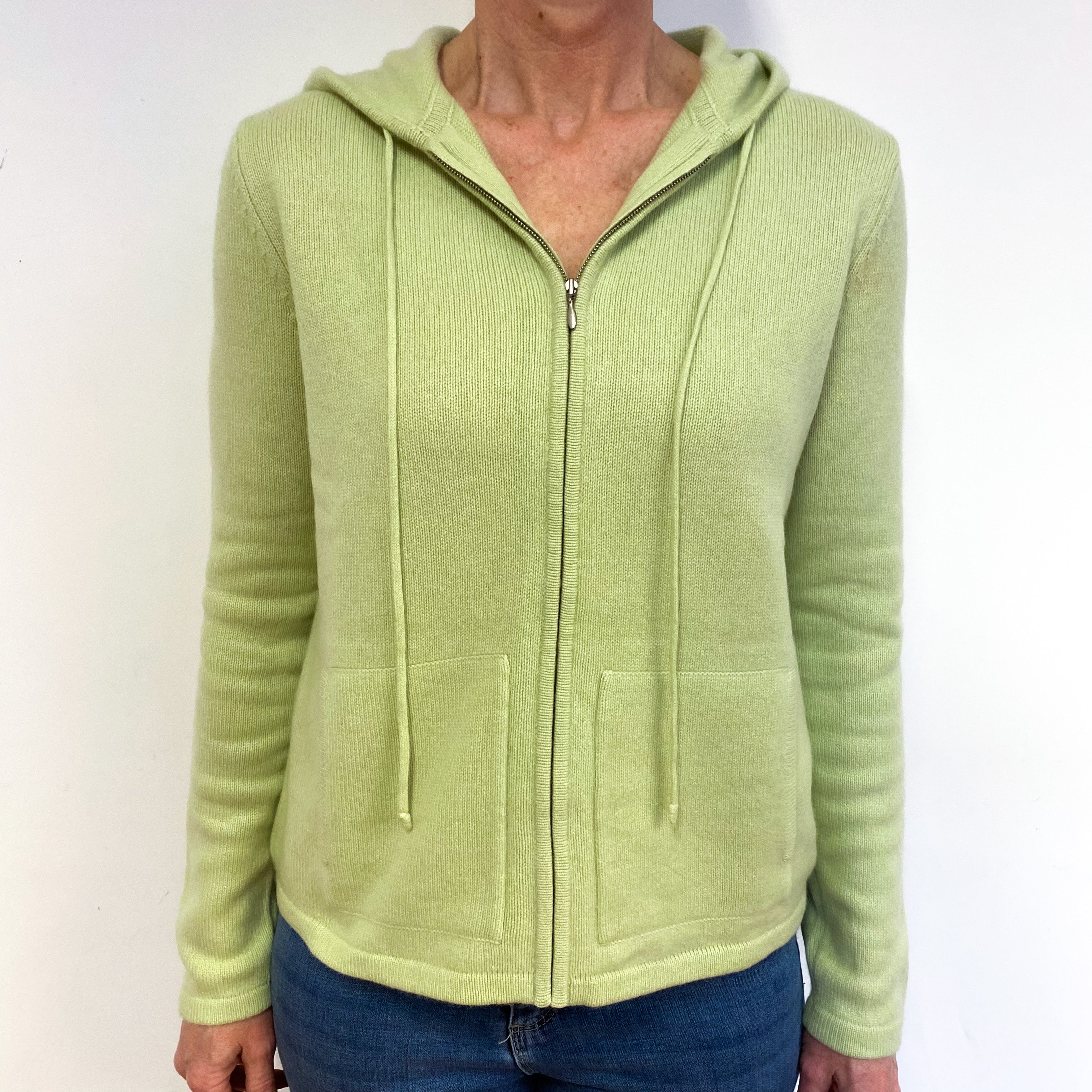 Soft Lime Green Cashmere Zip Front Hoodie Medium