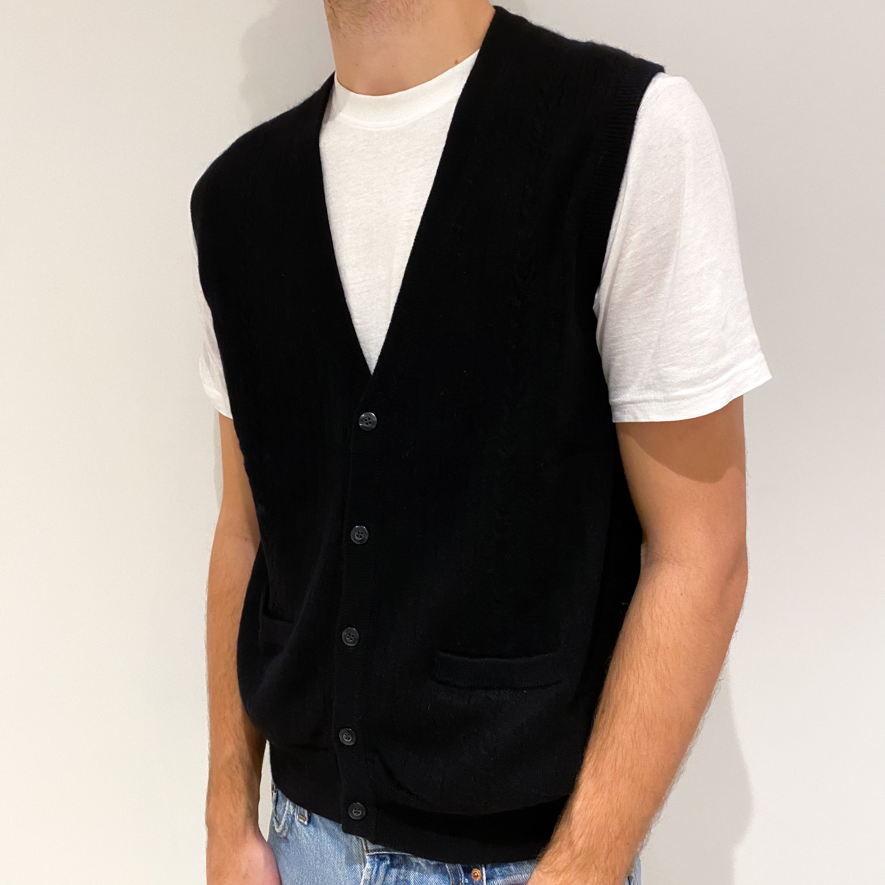 Men's Black Cable Front Cashmere V Neck Gilet with Pockets Large