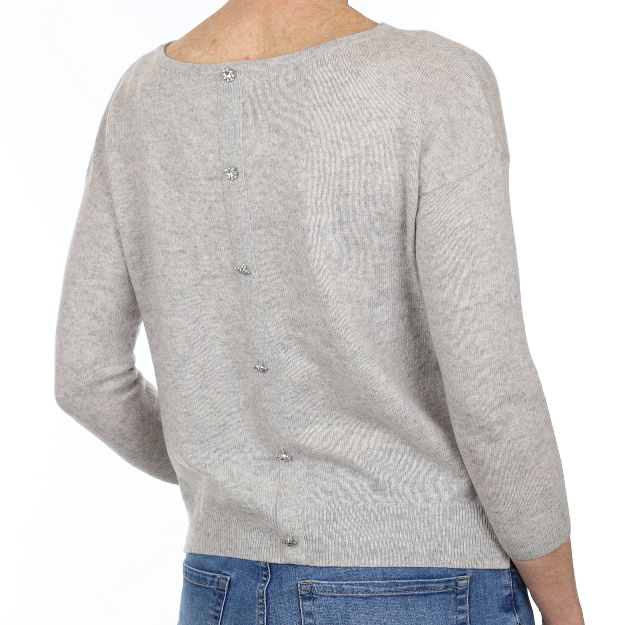 Mist Grey Cashmere Button Back Slash Neck Jumper Small