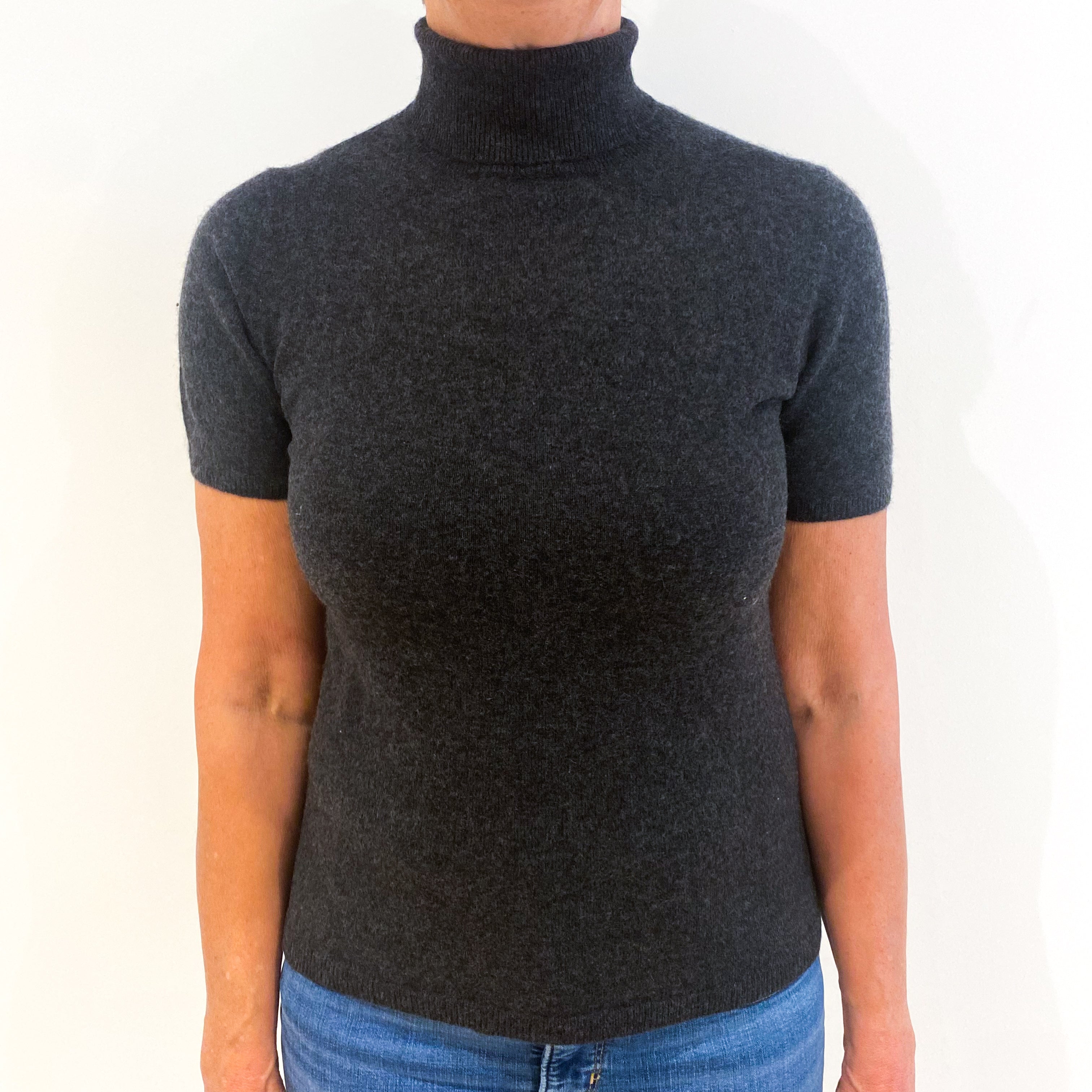 Charcoal Grey Cashmere Short Sleeved Polo Neck Jumper Medium