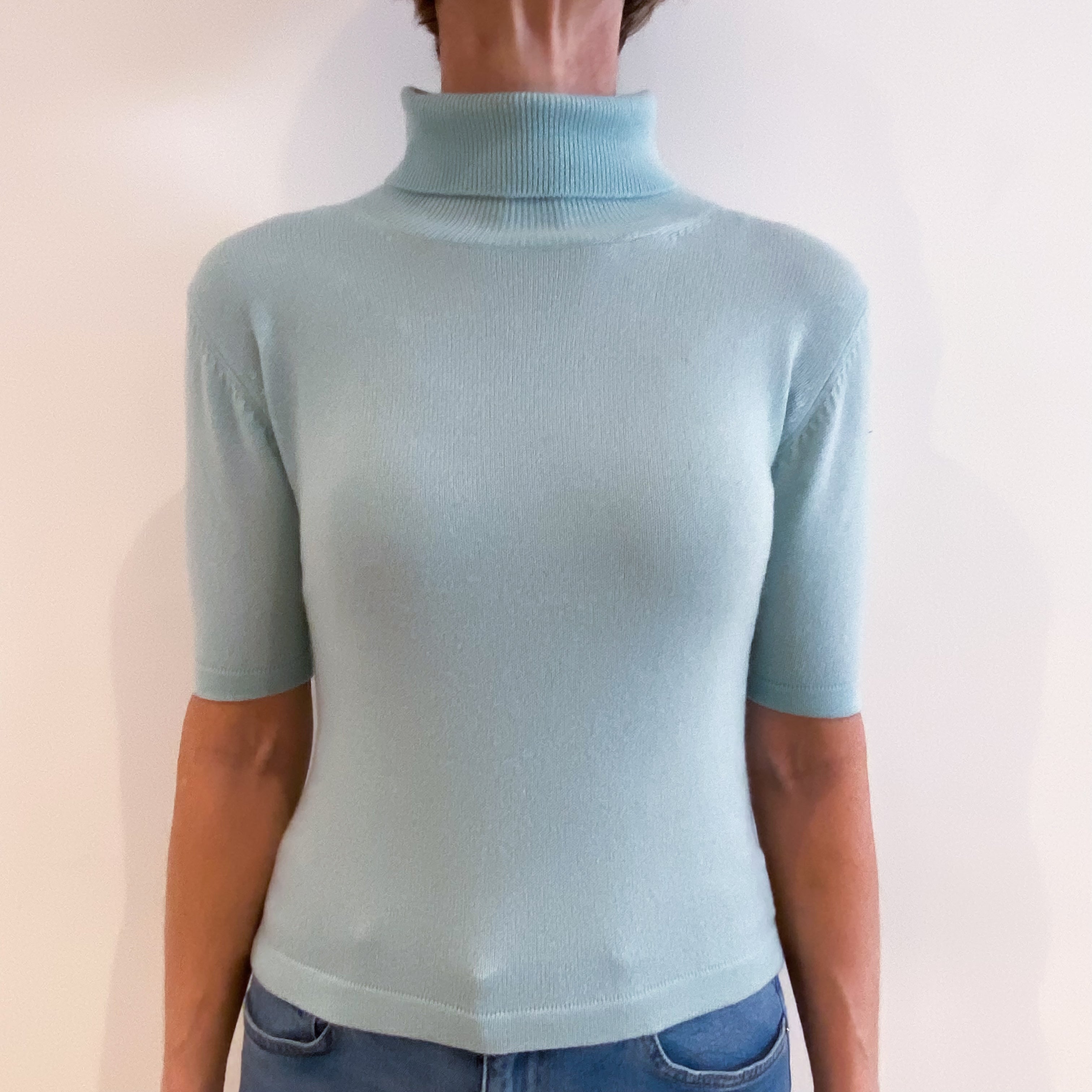 Mint Green Cashmere Short Sleeved Polo Neck Jumper Small