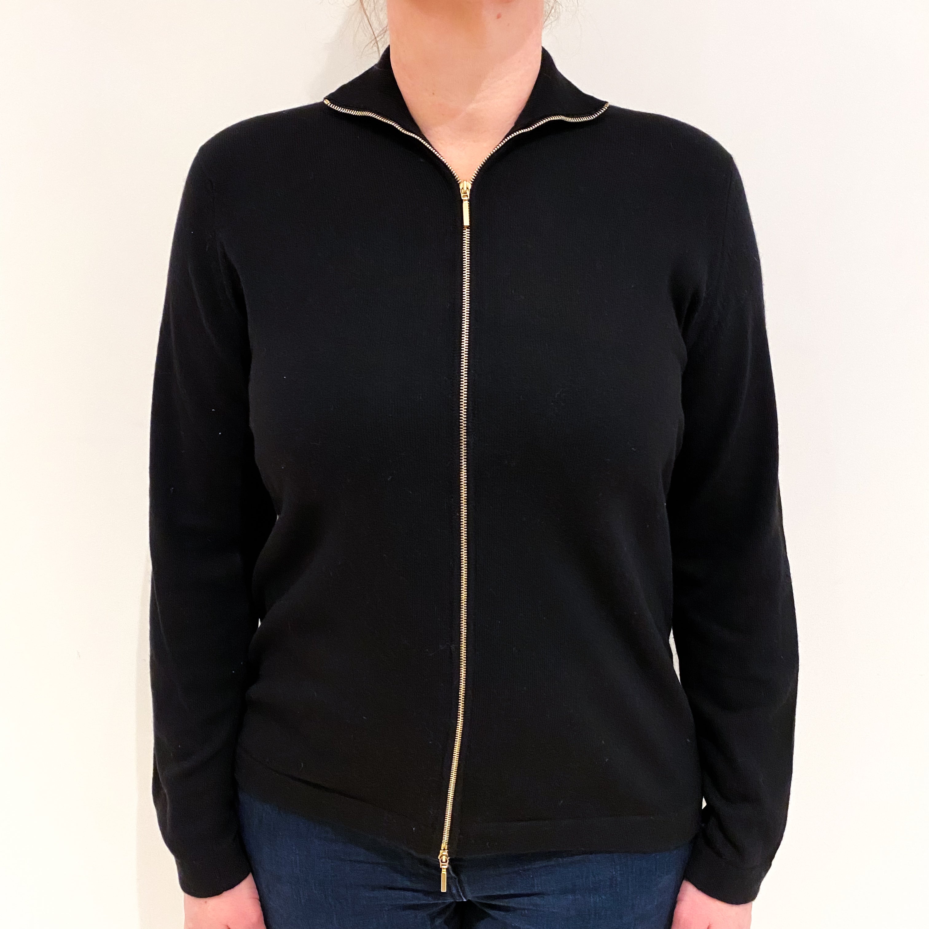 Black Cashmere Turtle Neck Zip Up Cardigan Large