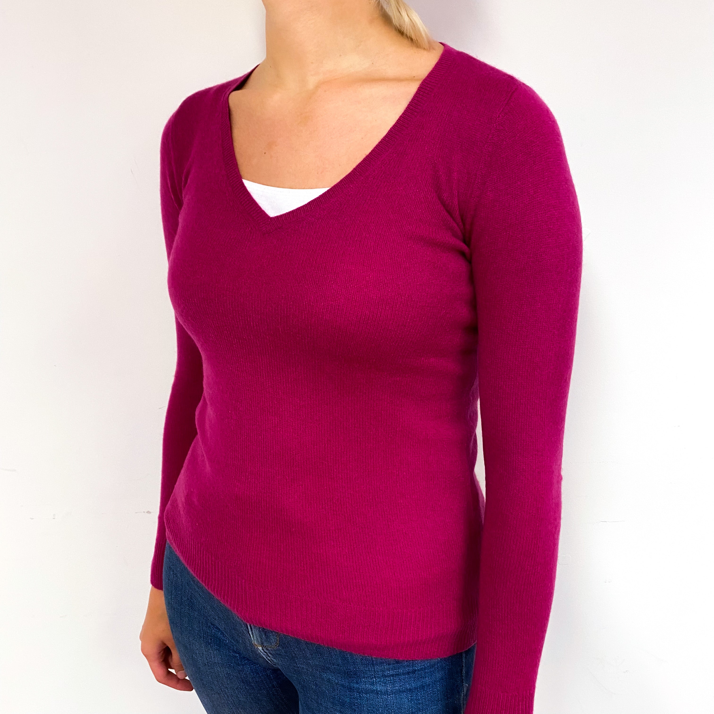 Magenta Pink Cashmere V-Neck Jumper Small
