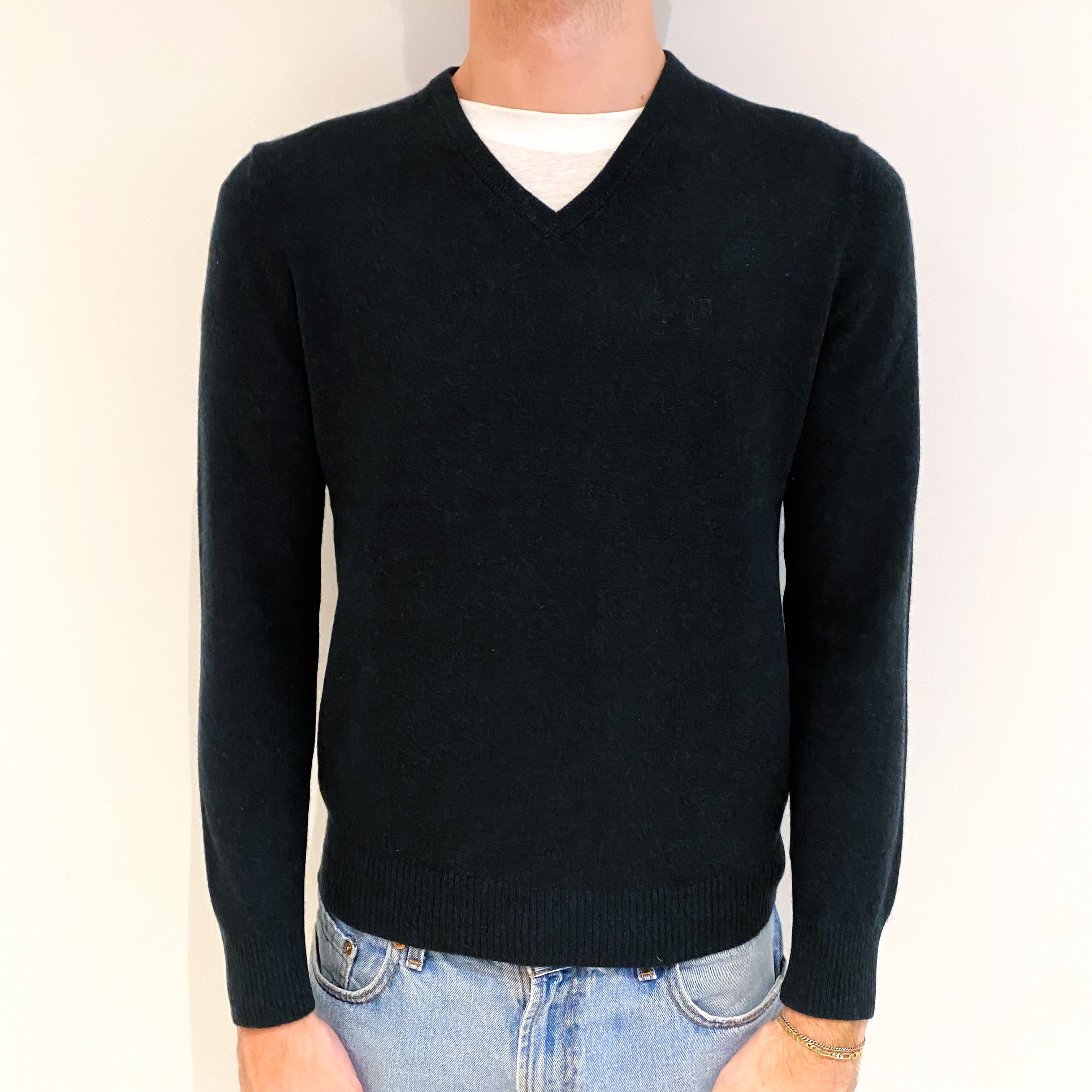 Men's Deep Seaweed Green Cashmere V Neck Jumper Medium