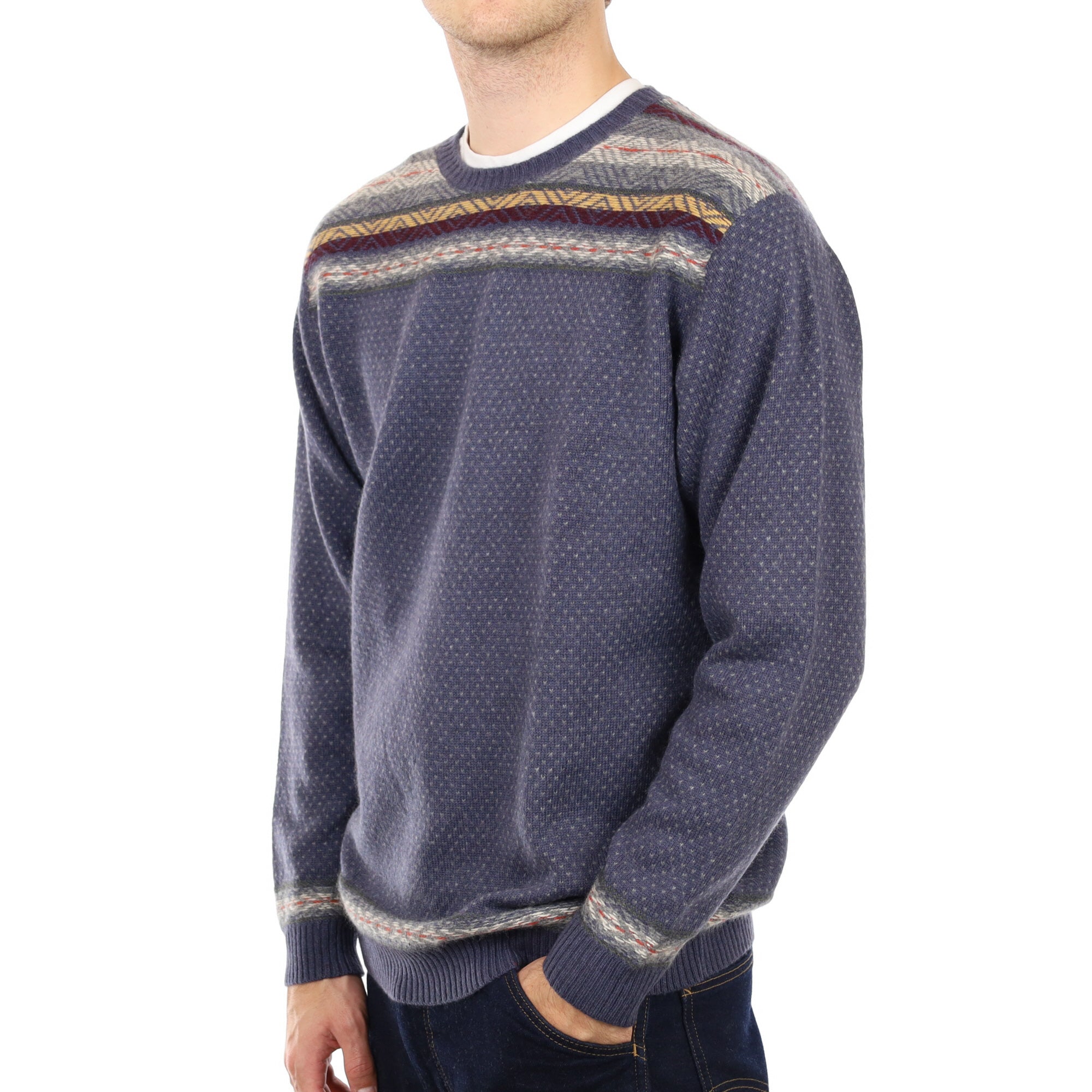 Men's Brora Denim Blue Fair Isle Cashmere Crew Neck Jumper Large