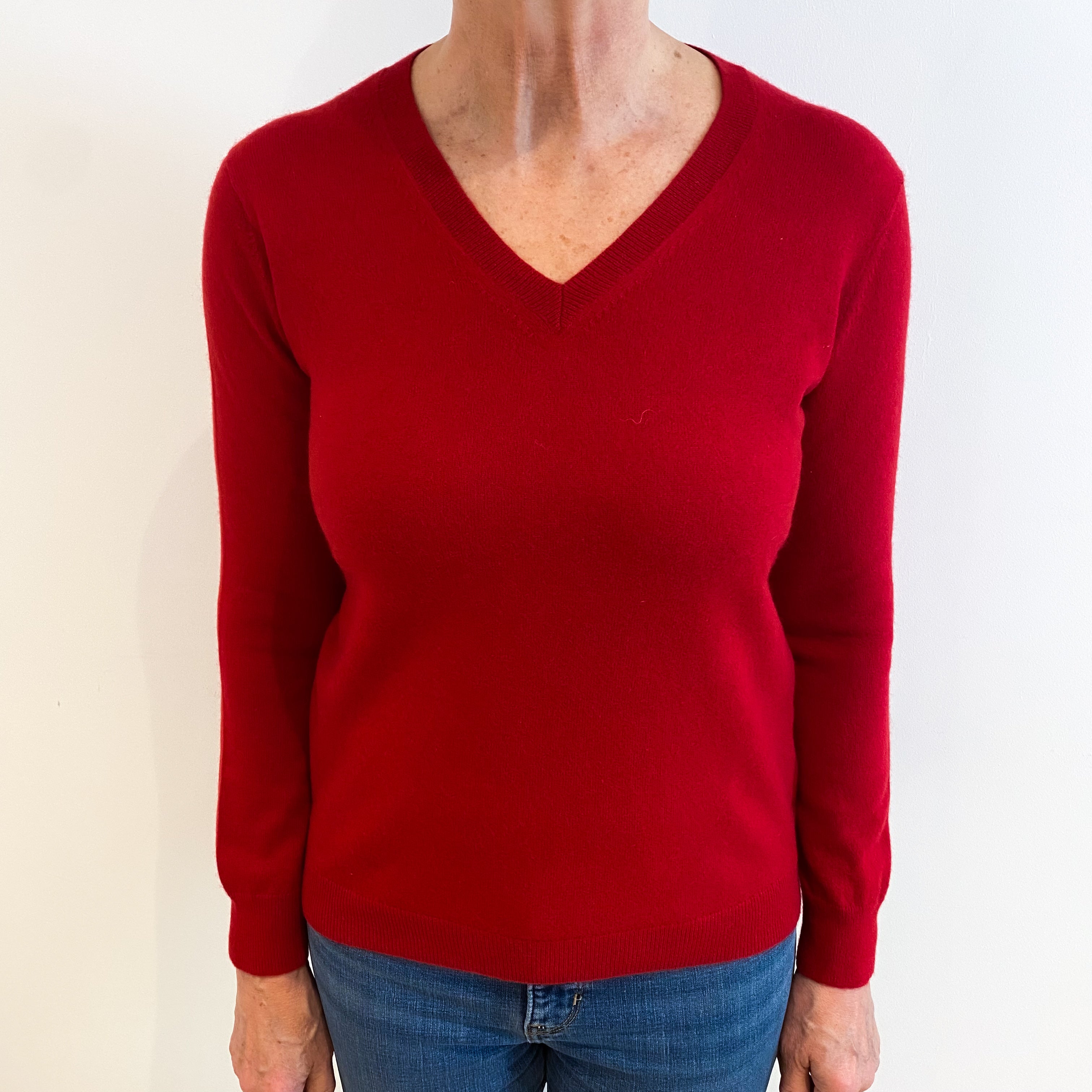 Post Box Red Cashmere V Neck Jumper Medium