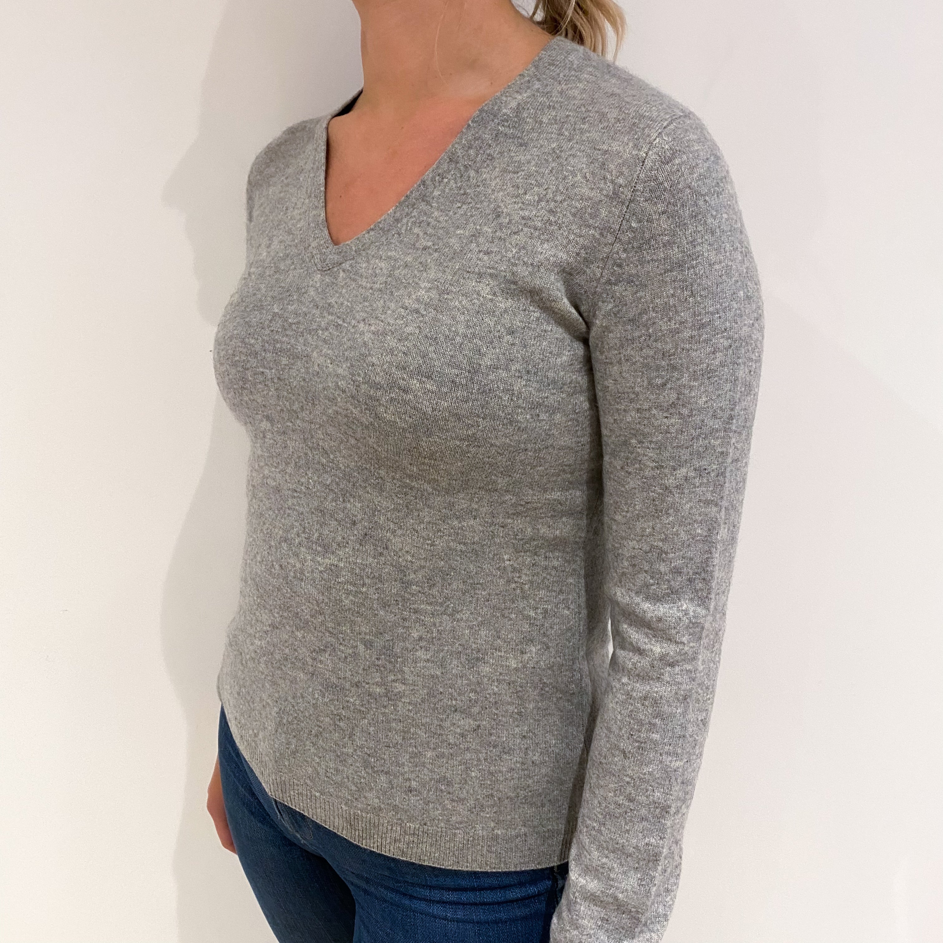 Smoke Grey Cashmere V Neck Jumper Small
