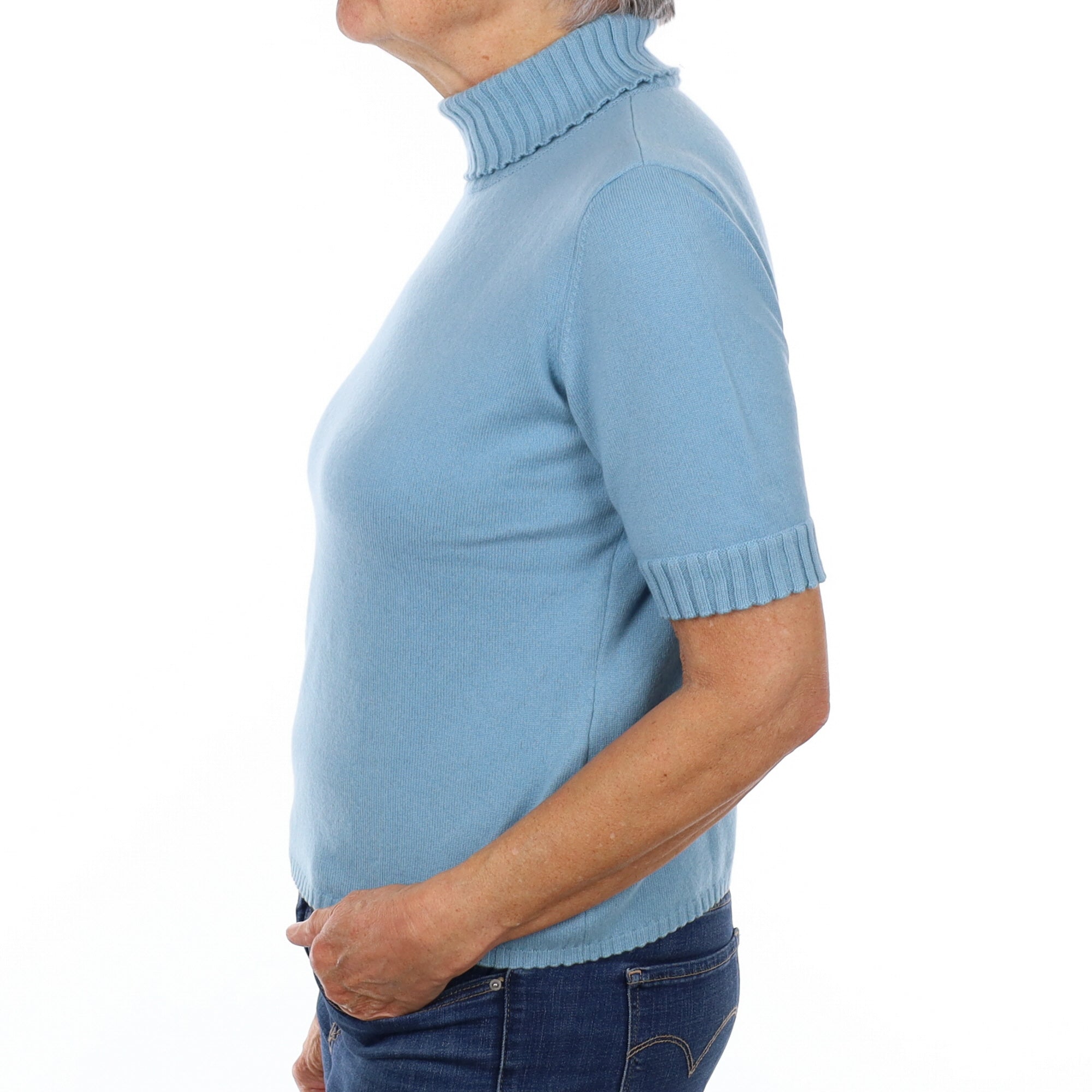 Opal Blue Cashmere Polo Neck Short Sleeved Jumper Medium