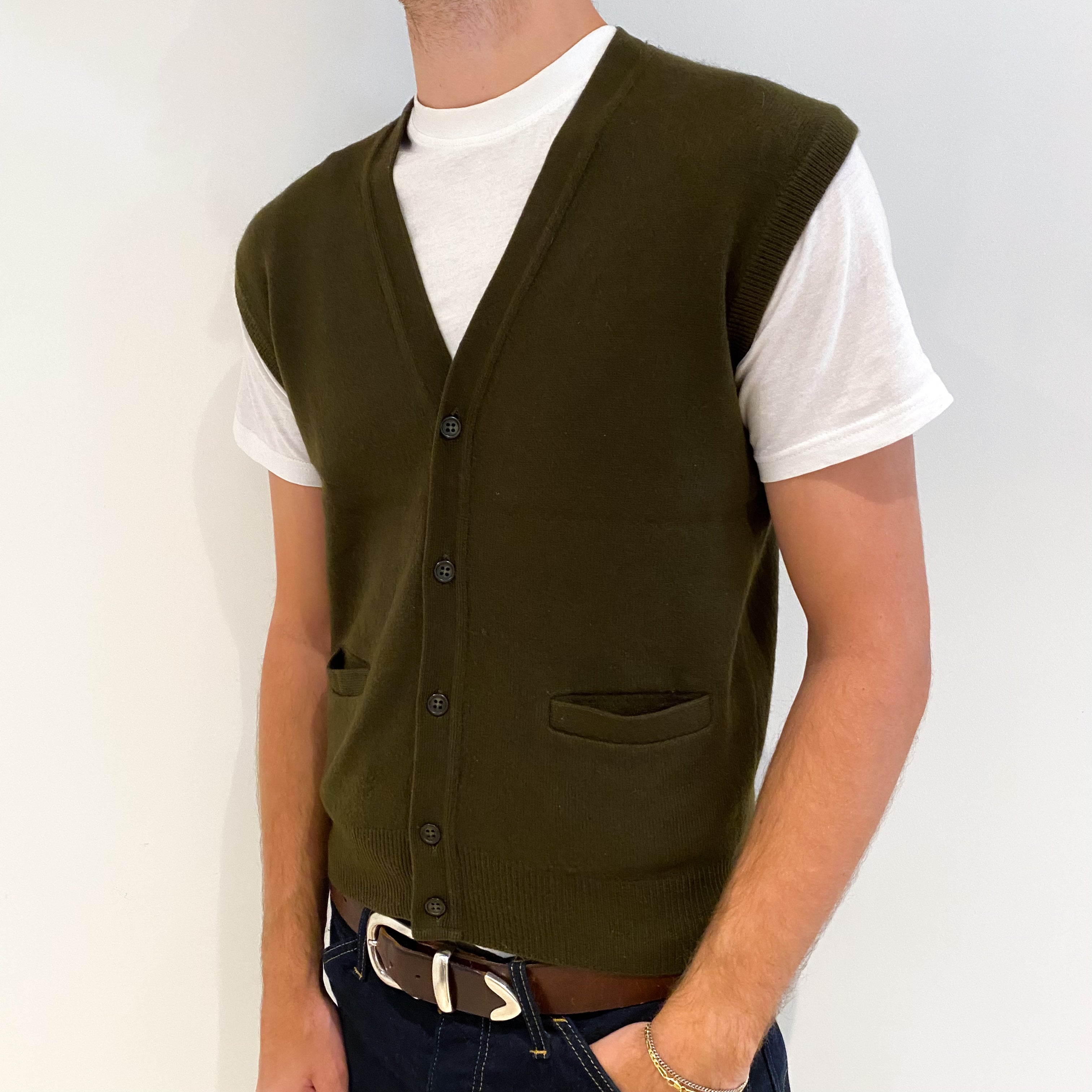 Men's Deep Khaki Green Cashmere V-Neck Waist Coat Medium