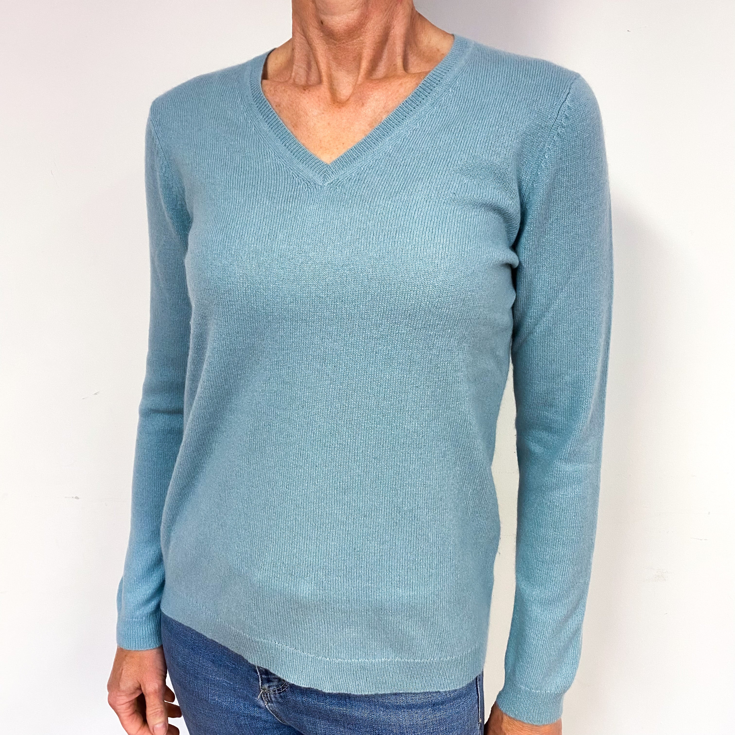 Duck Egg Blue Cashmere V-Neck Jumper Medium