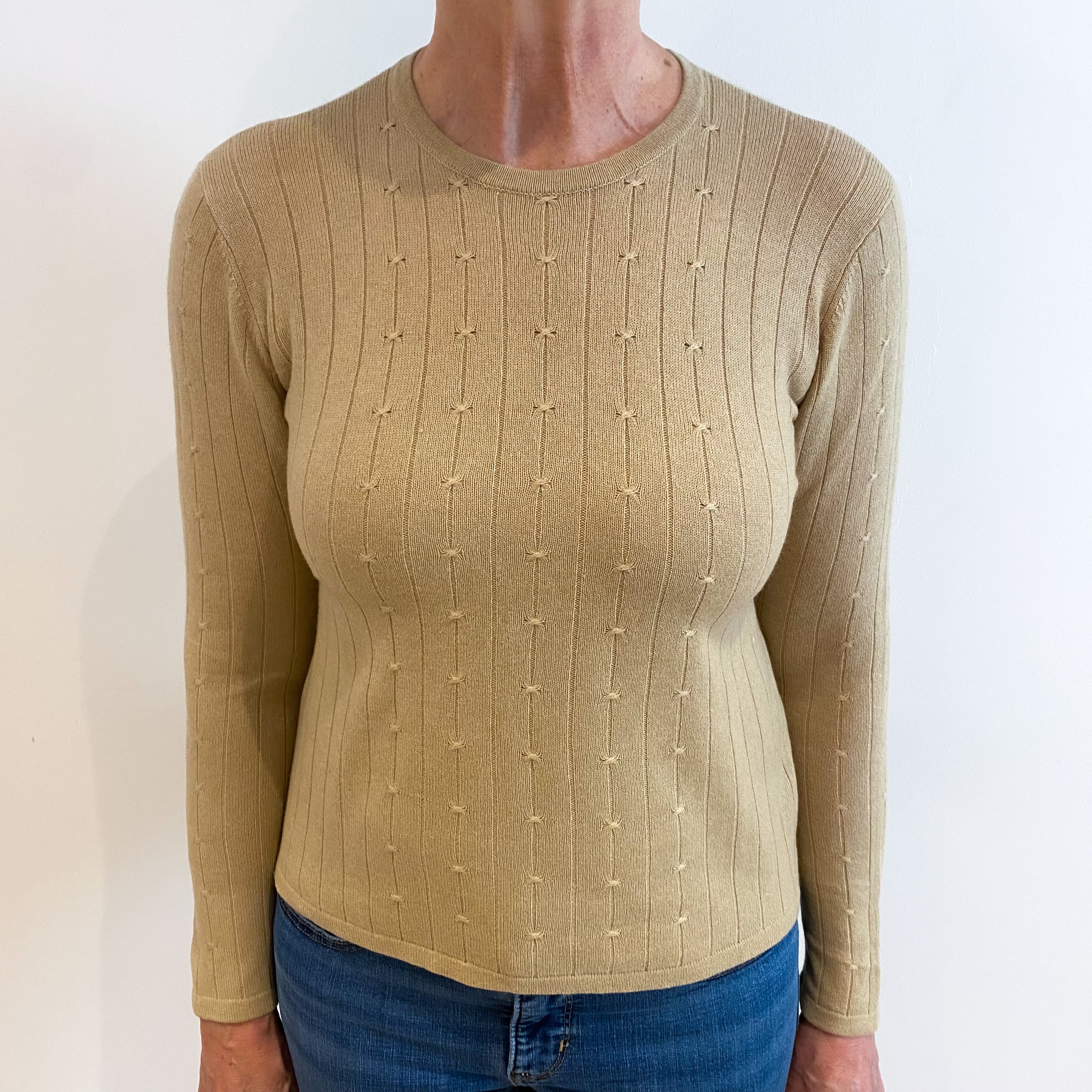 Honey Beige Cashmere Crew Neck Cable Knit Jumper Medium