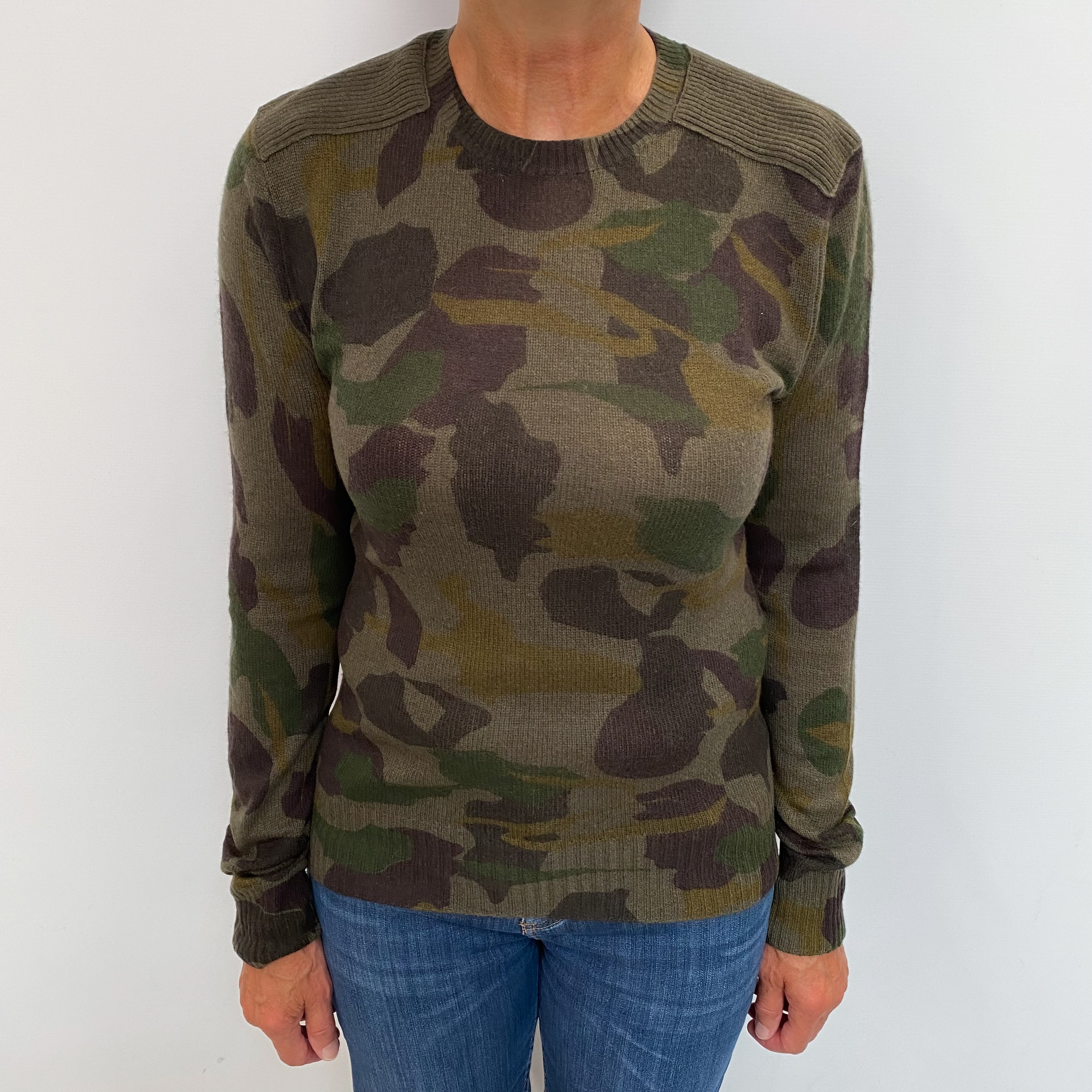 Khaki Green Camouflage Cashmere Crew Neck Jumper Medium