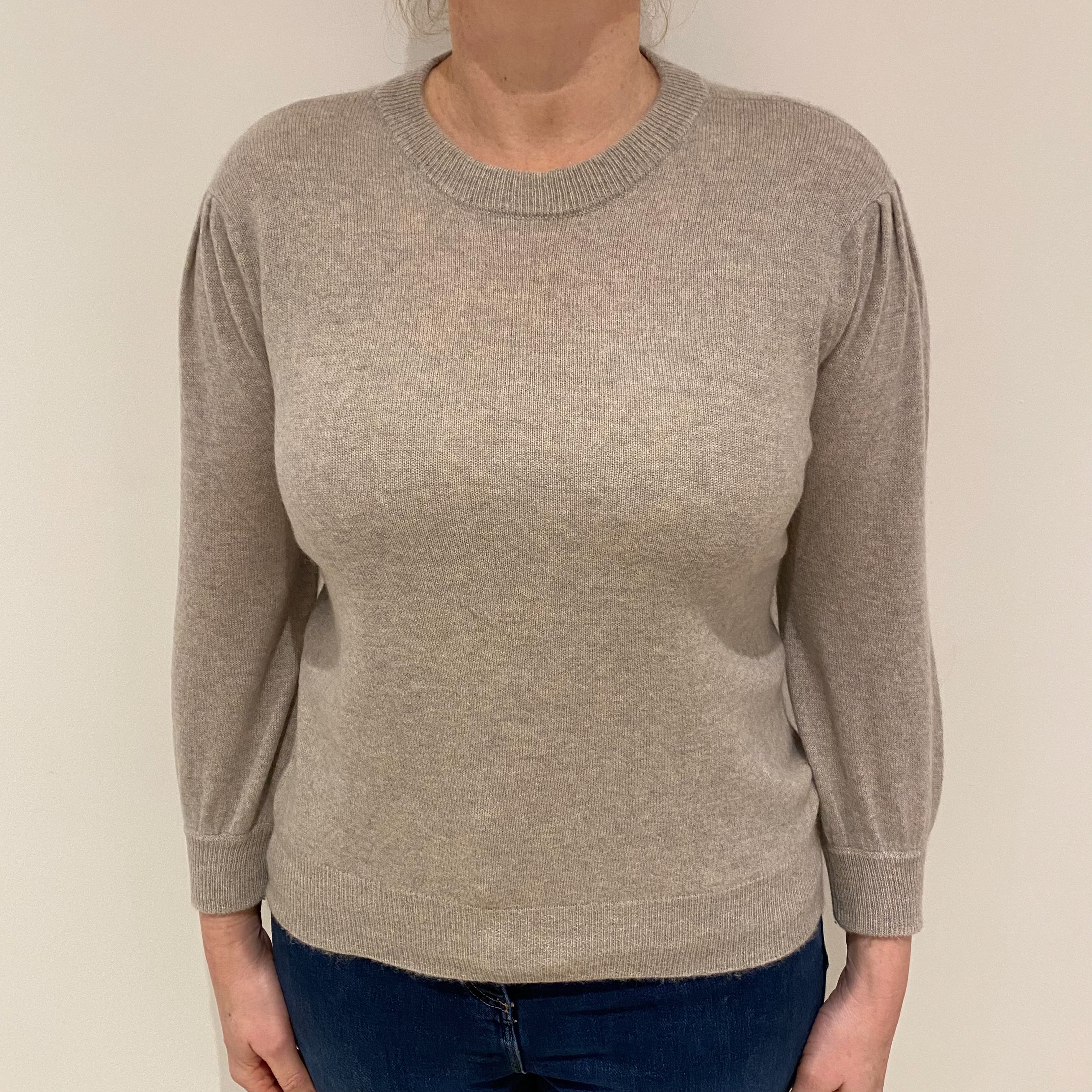 Fawn Cashmere Ruched Shoulder Crew Neck Jumper Large Petite