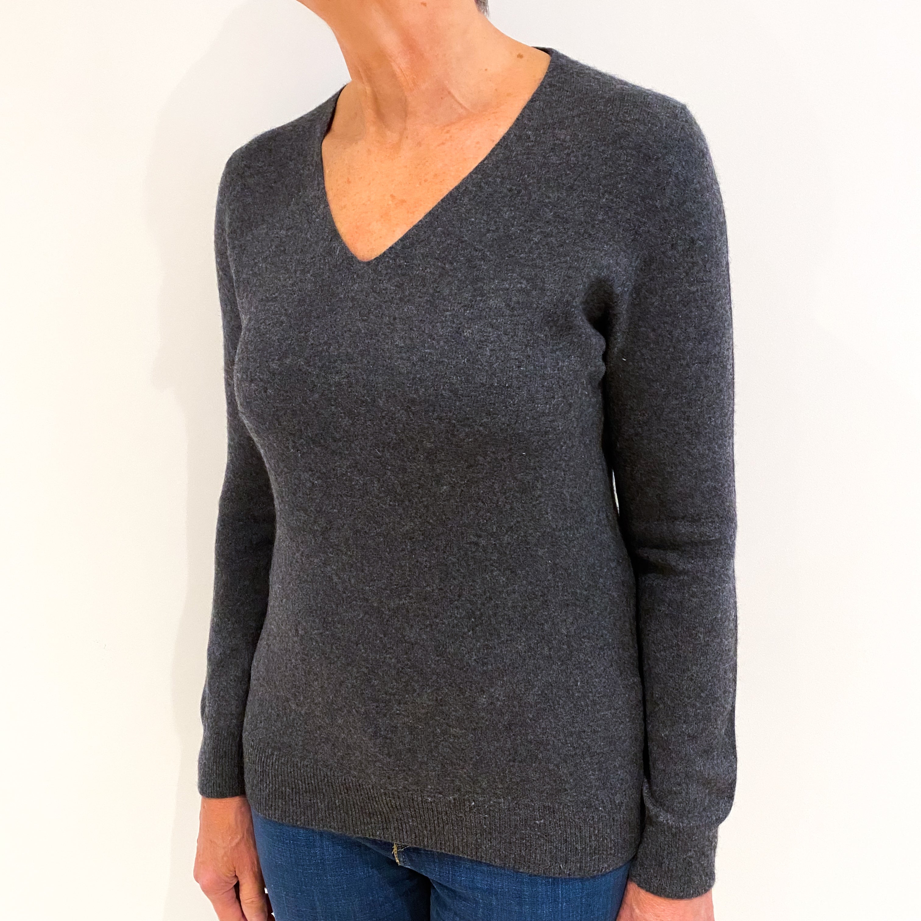 Dark Slate Grey Cashmere V-Neck Jumper Medium