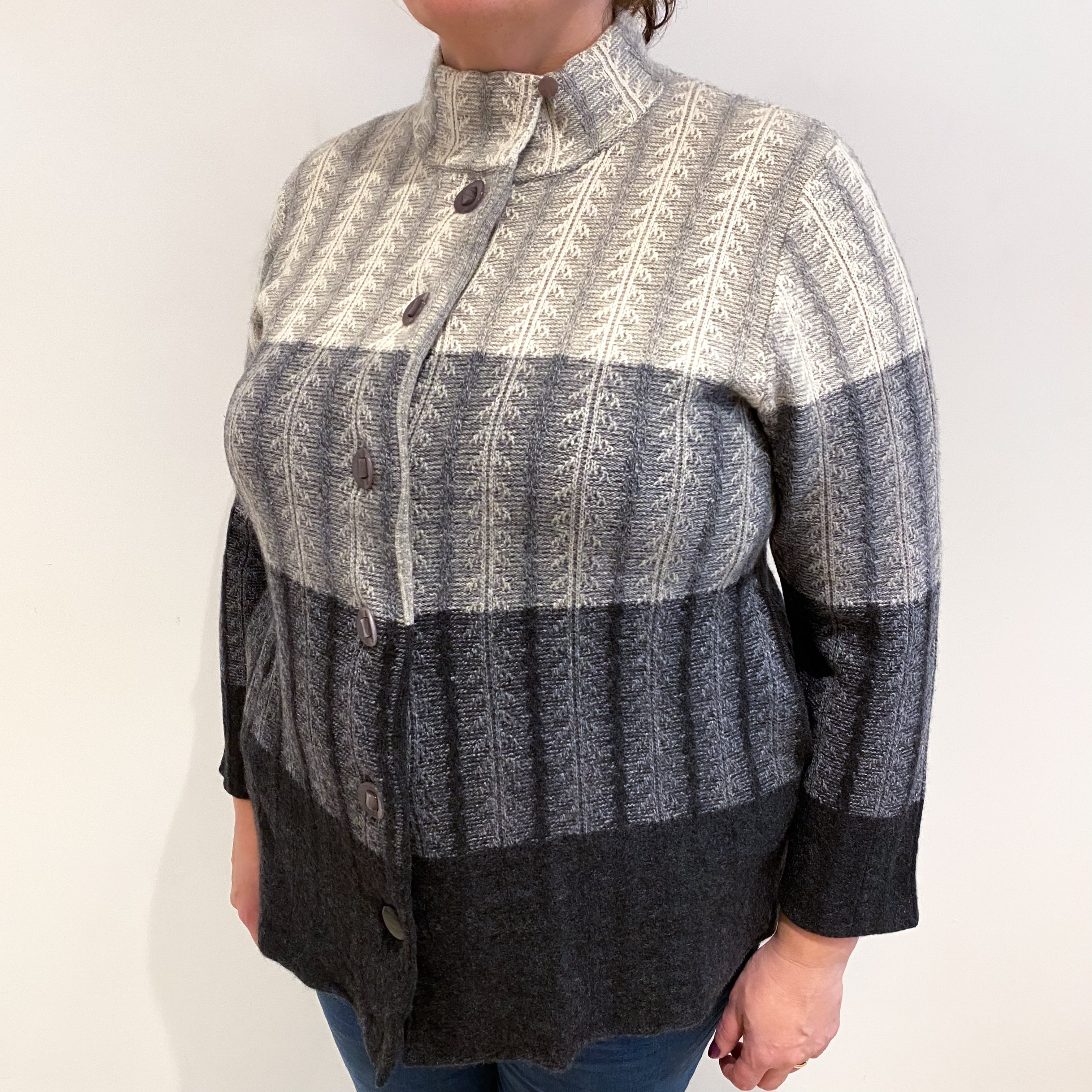 Grey Colour Block Cashmere Funnel Neck Cardigan Extra Large