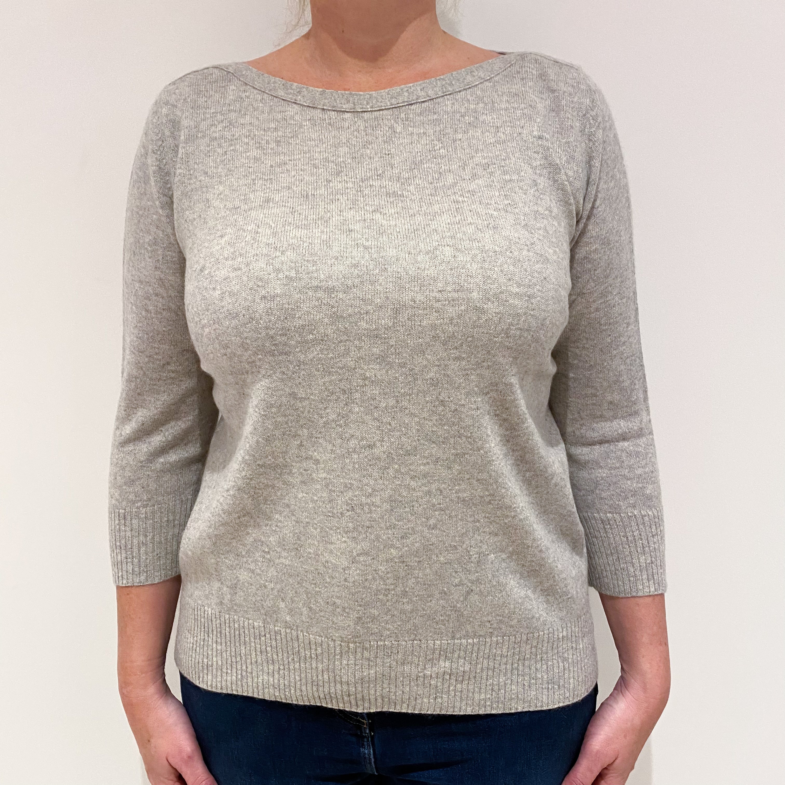 Mist Grey 3/4 Sleeve Cashmere Boat Neck Jumper Large