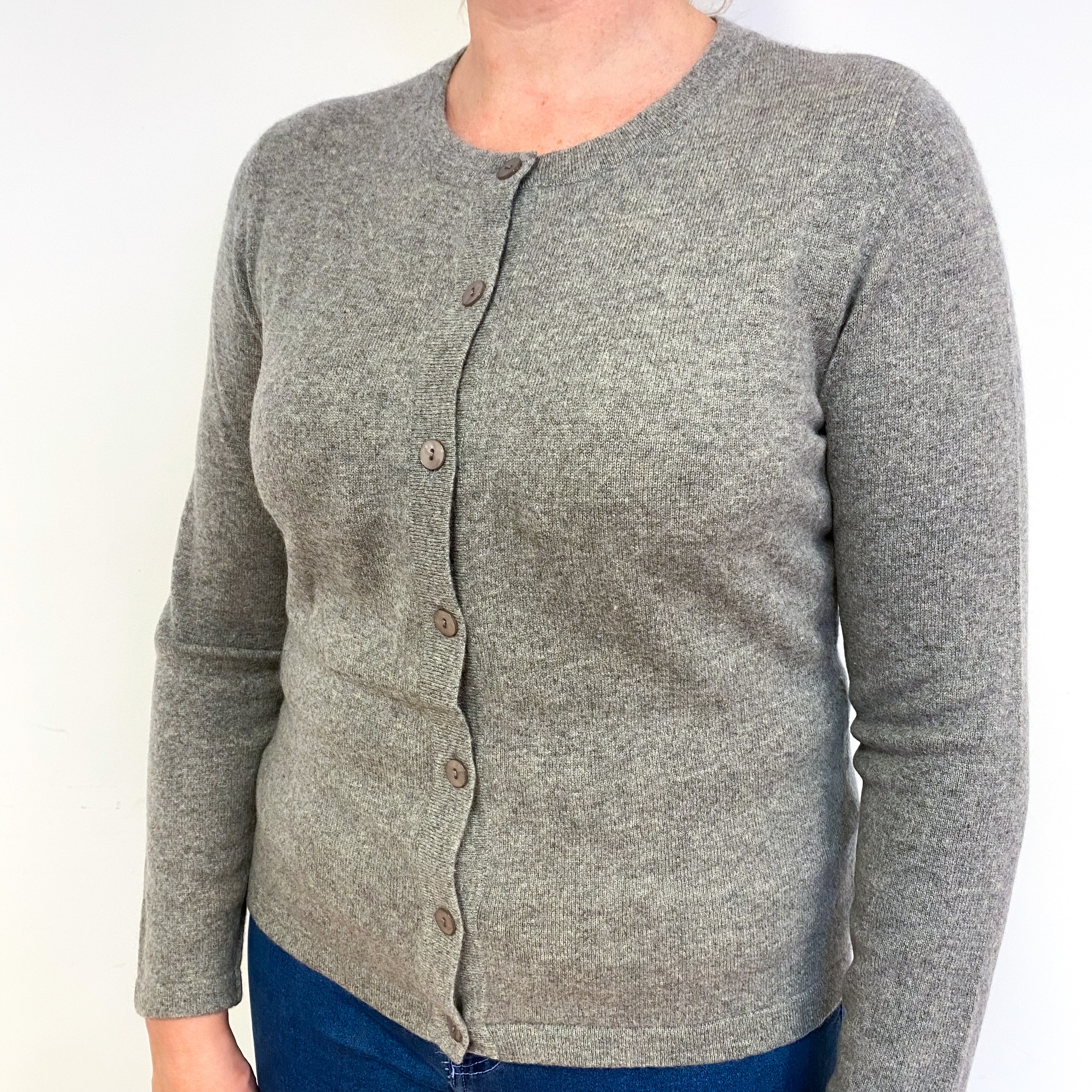 Taupe Brown Cashmere Crew Neck Cardigan Large