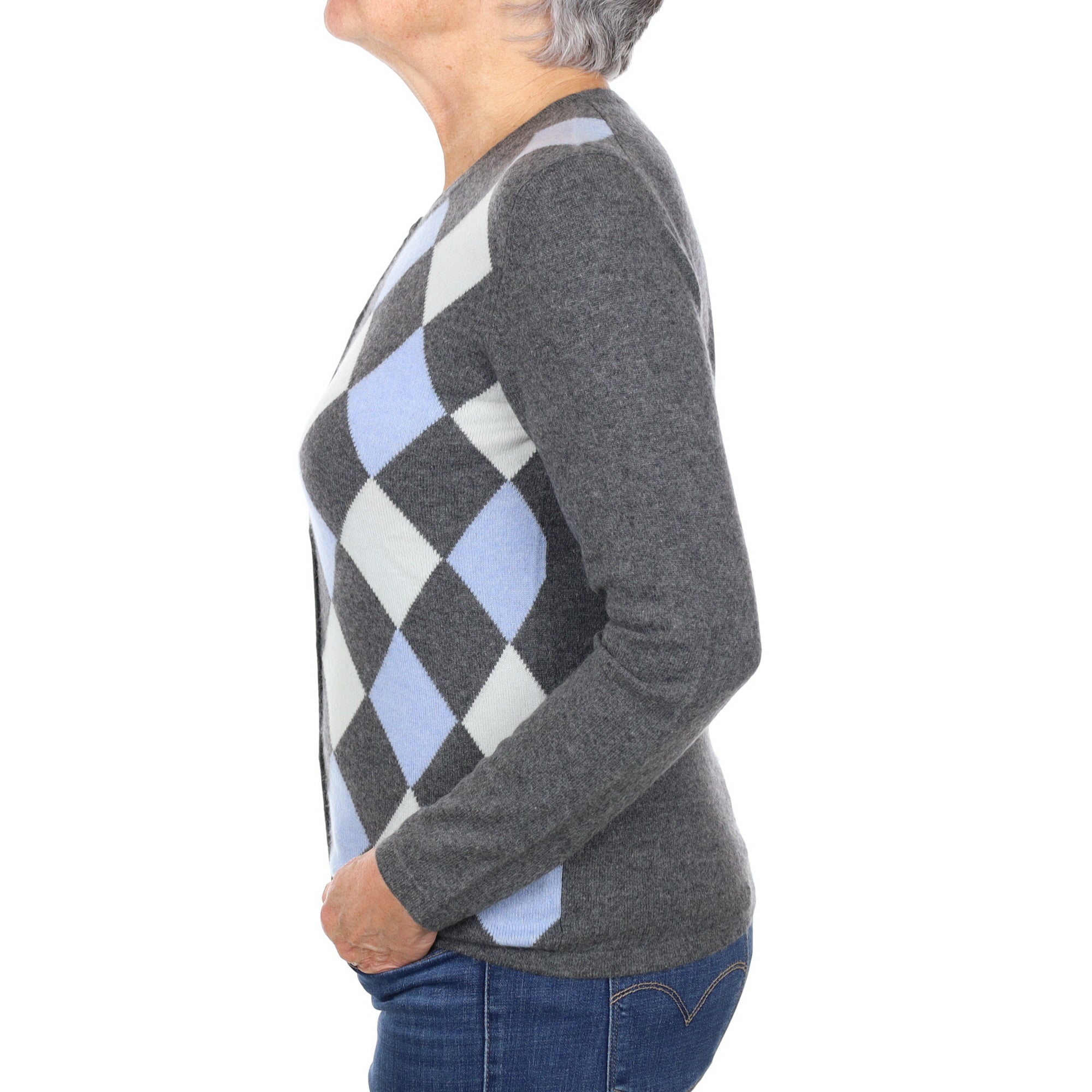 Ash Grey Argyle Cashmere Crew Neck Cardigan Medium