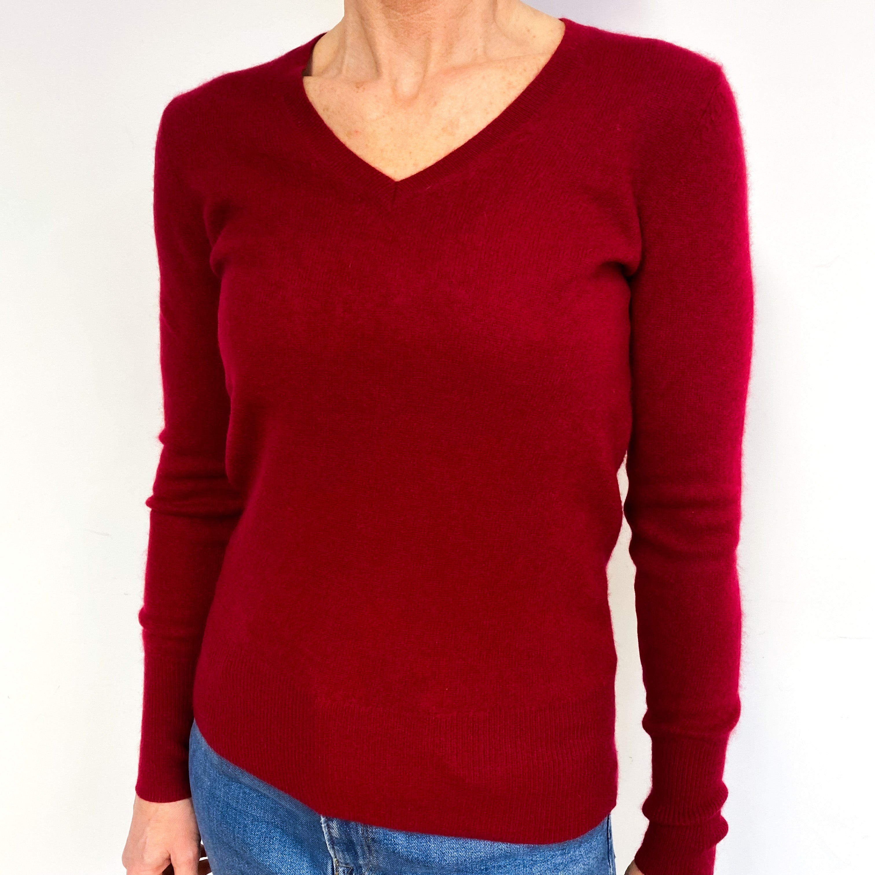 Crimson Red Cashmere V-Neck Jumper Medium
